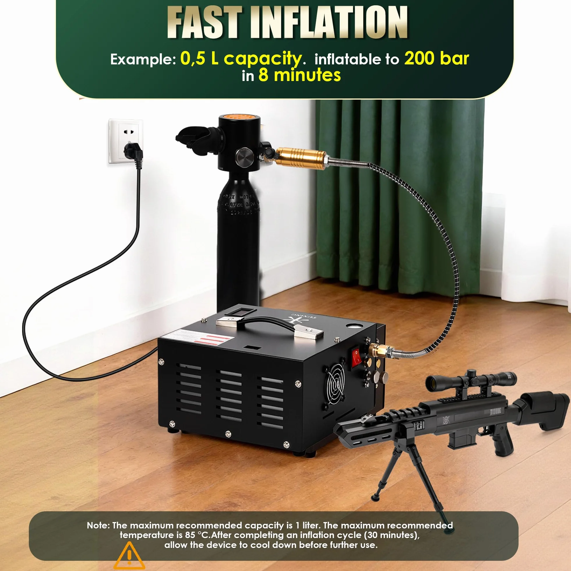 Sprężarka powietrza TUXING Pcp, 4500Psi 30Mpa, bezolejowa/wodna, zasilana samochodem 12 V DC lub domowym 220V AC z adapterem (w zestawie), pompa do wiatrówek i wiatrówek PCP (TXES061)
