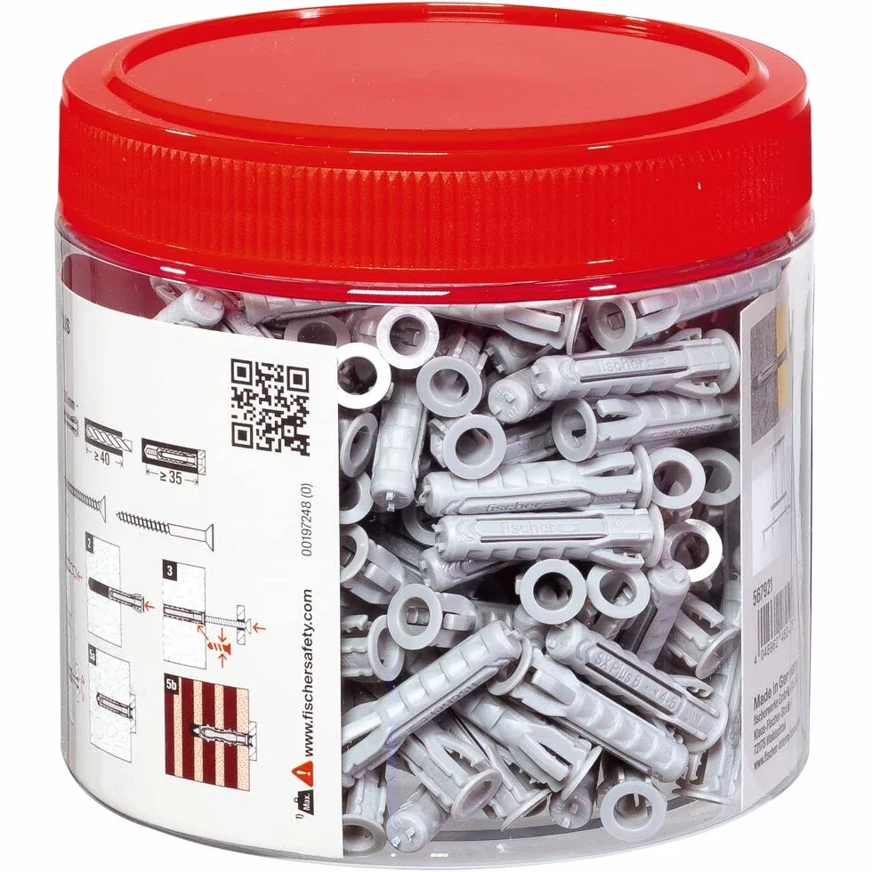 fischer Kołek rozporowy SX Plus 6 x 30, poręczna okrągła puszka z 200 kołkami nylonowymi, kołki do optymalnego mocowania w betonie, cegle perforowanej, betonie komórkowym, cegle pełnej i wielu innych
