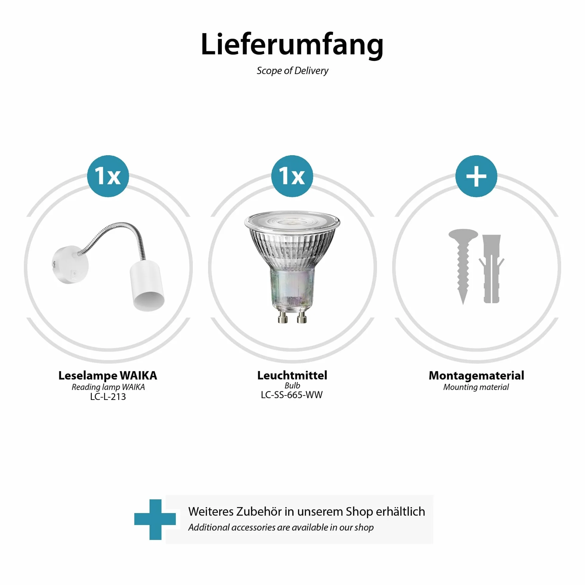 ledscom.de Lampa do czytania WAIKA z gęsią szyjką i przełącznikiem biały mat, w zestawie GU10 LED, PAR16, ciepła biel, 6,05W, 374lm, 70°, 3-stopniowy ściemniacz