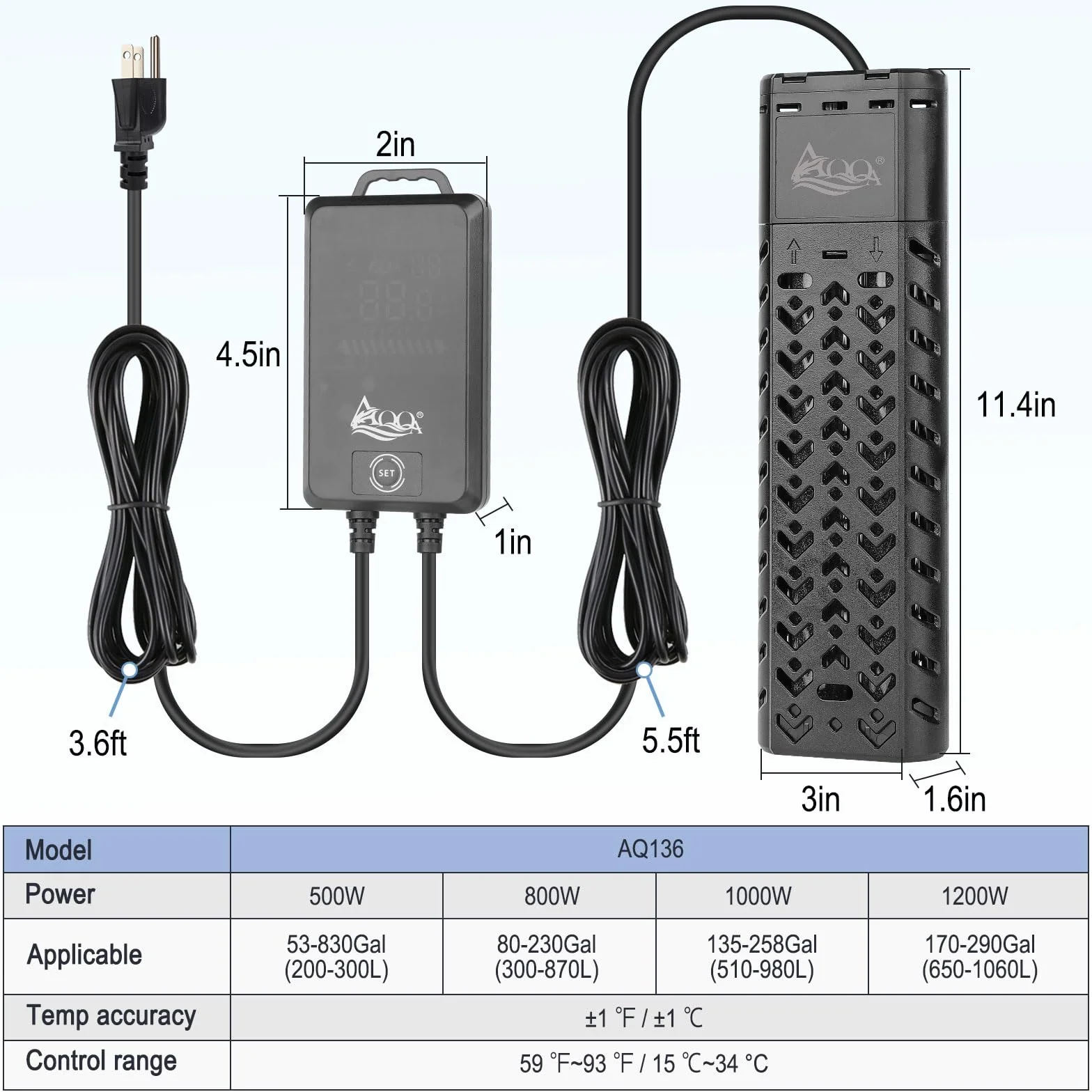 AQQA Ogrzewanie akwarium, 1000W Regulowana grzałka do akwarium, grzejnik do akwarium, ogrzewanie akwarium z zewnętrznym cyfrowym wyświetlaczem LED, kontroler dla zbiorników 500-1000 l