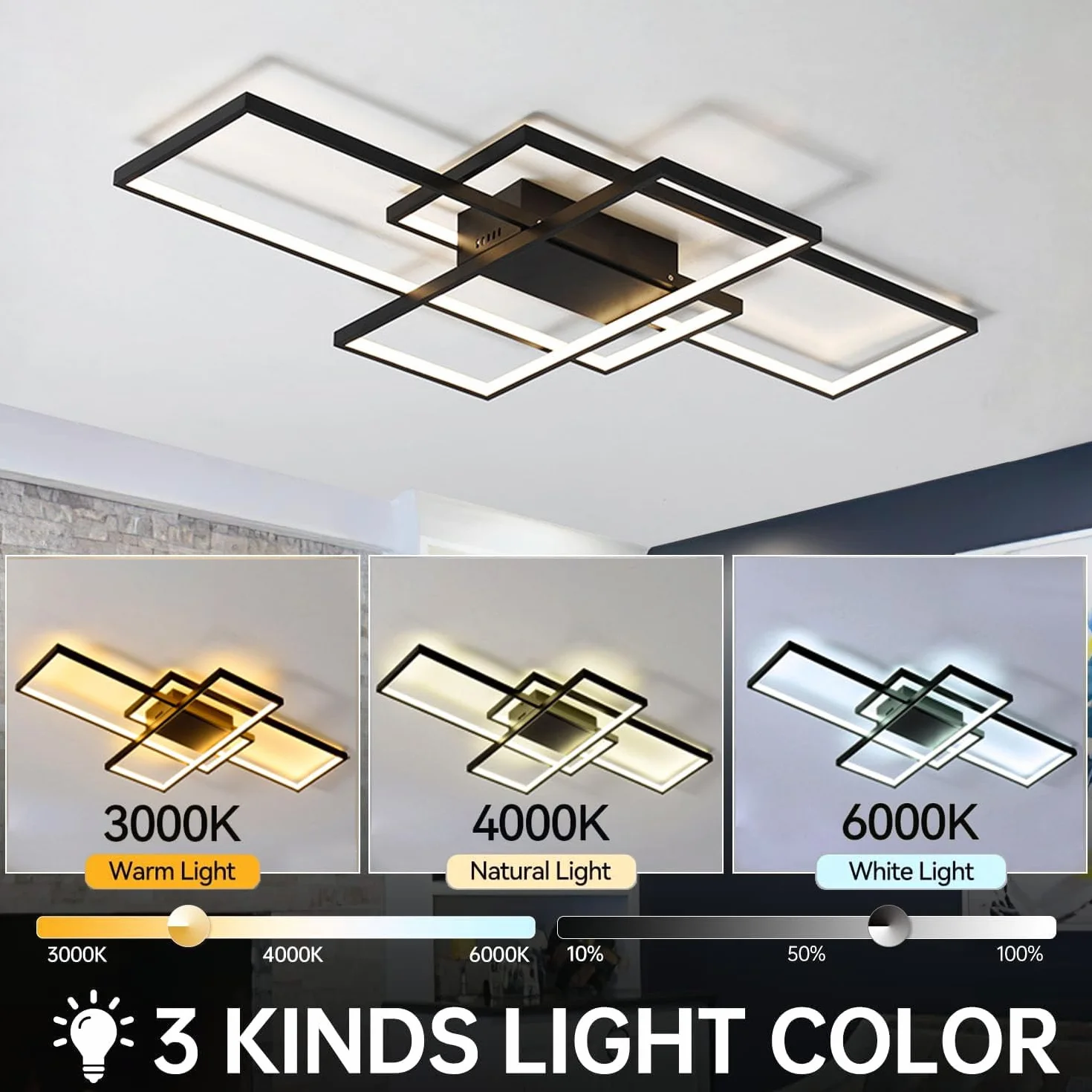 ASJK Lampa sufitowa Czarna 105W Nowoczesna lampa do salonu z pilotem, 3000k-6000k Geometryczne wielofunkcyjne oświetlenie sufitowe do salonu (140cm, czarny)