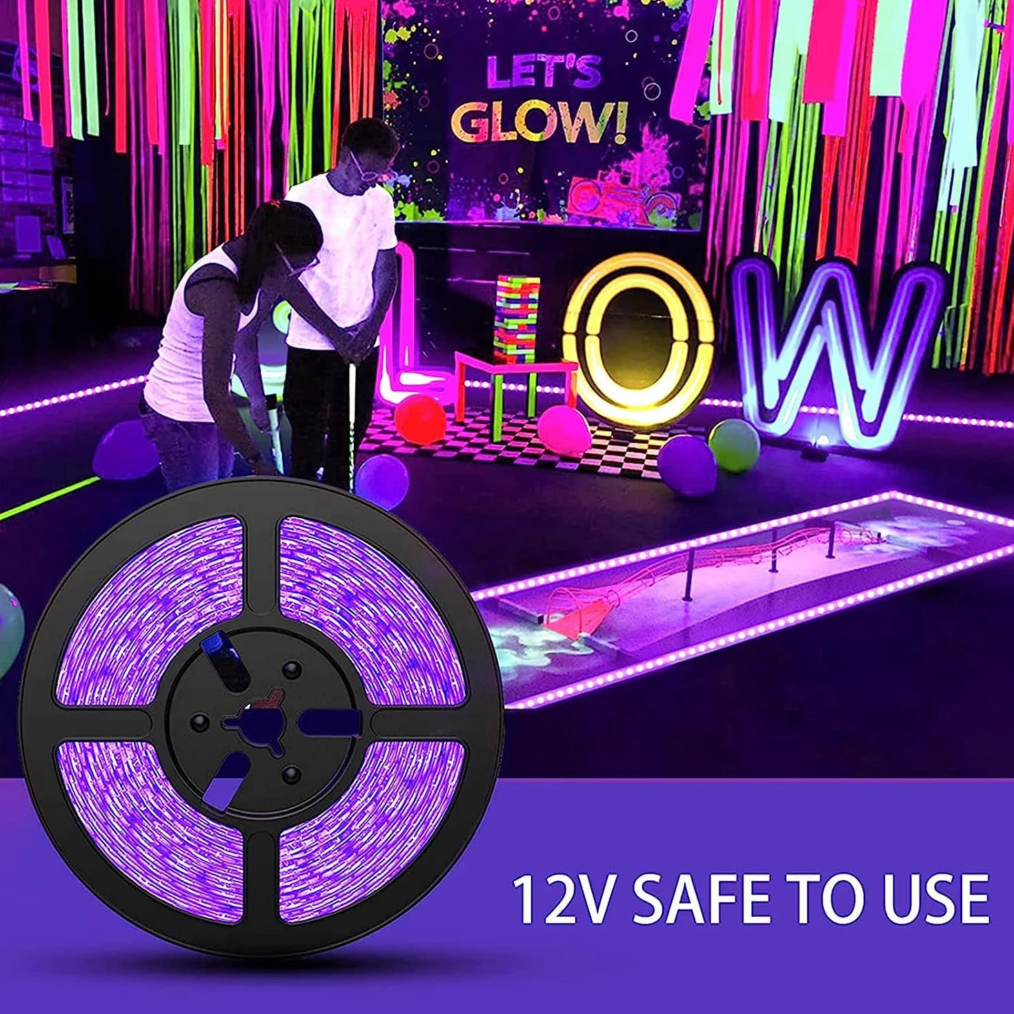 Eleganted Taśma LED UV 5 m, czarne światło, z zasilaczem, 12 V, elastyczna taśma 300 diod LED, samoprzylepna, 2835, listwa świetlna UV, na imprezę, do baru, neonowego koloru, klubu, dyskoteki,