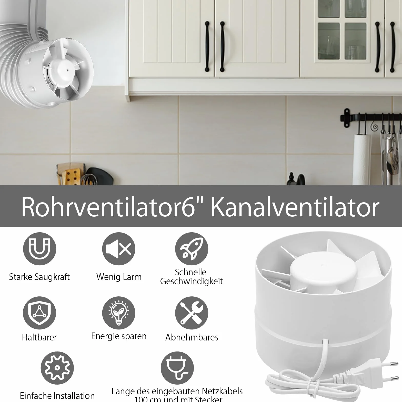 TNSLAND Kanałowy wentylator rurowy, 150mm, 305 m³/h, wysoka jakość, cichy, wyciąg dymu, do łazienki, WC, kuchni, szklarni, namiotu, garażu