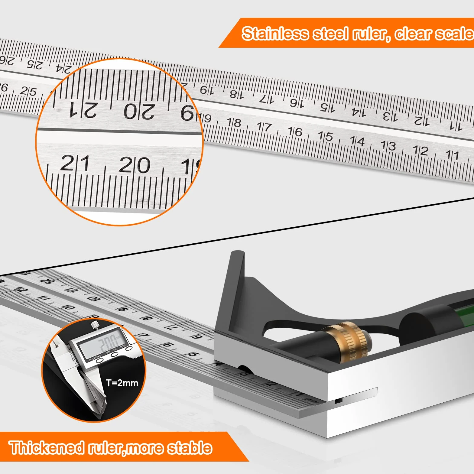 Kątownik kombinowany 12''/300 mm stal nierdzewna linijka kątowa 45/90 stopni z poziomicą