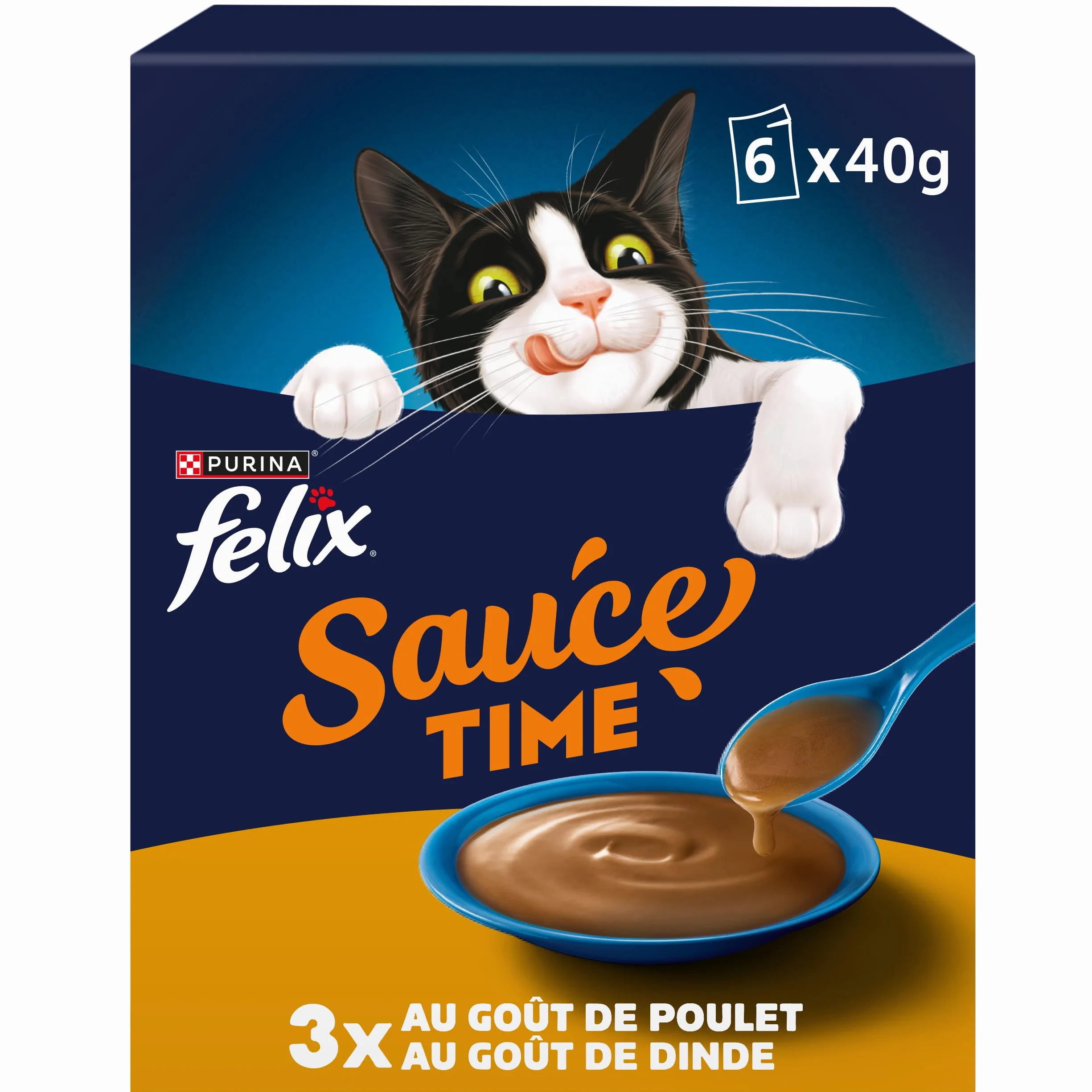 FELIX | Sos Time | Nieodparta karma w sosie dla dorosłych kotów | Wykonane z wysokiej jakości składników | Z kurczakiem, indykiem | saszetki świeżości | 6 x 40g