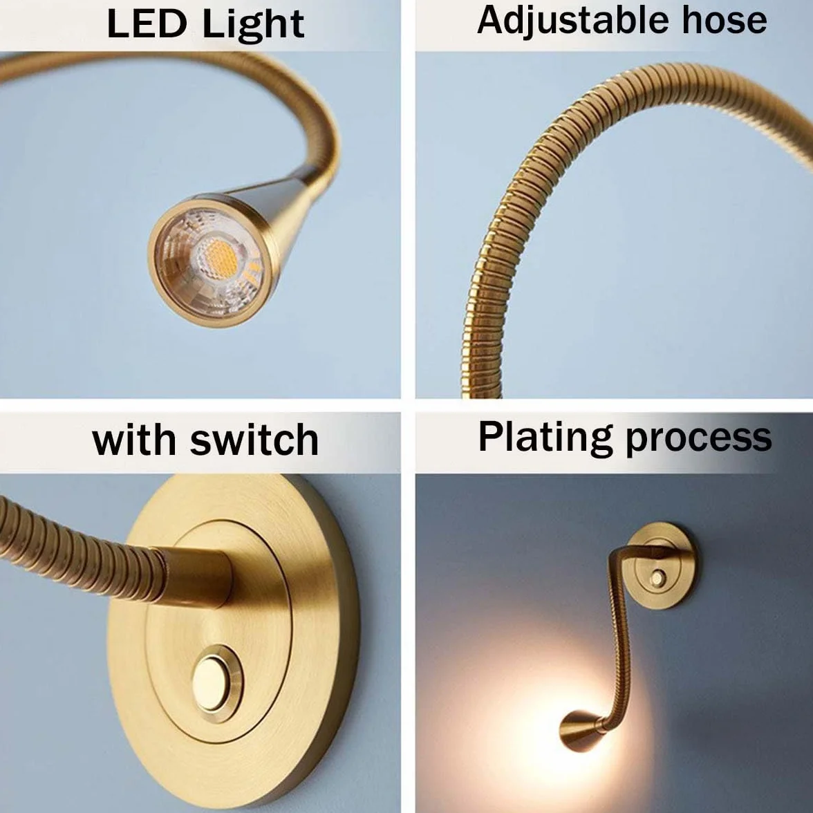 AoLa Lampa ścienna LED na gęsiej szyi z włącznikiem Ścienna lampka do czytania Wewnętrzna elastyczna obrotowa lampa ścienna 360° Złota ścienna lampka do czytania do sypialni stolik nocny hotel