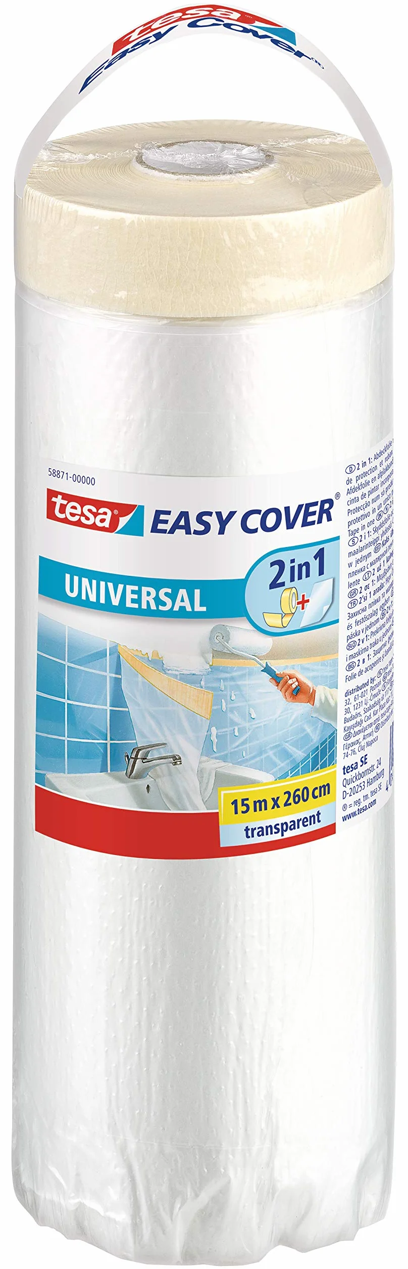 tesa Easy Cover Taśma Malarska z Folią Ochronną, Samoprzylepna Taśma Maskująca, Rozwiązanie 2W1