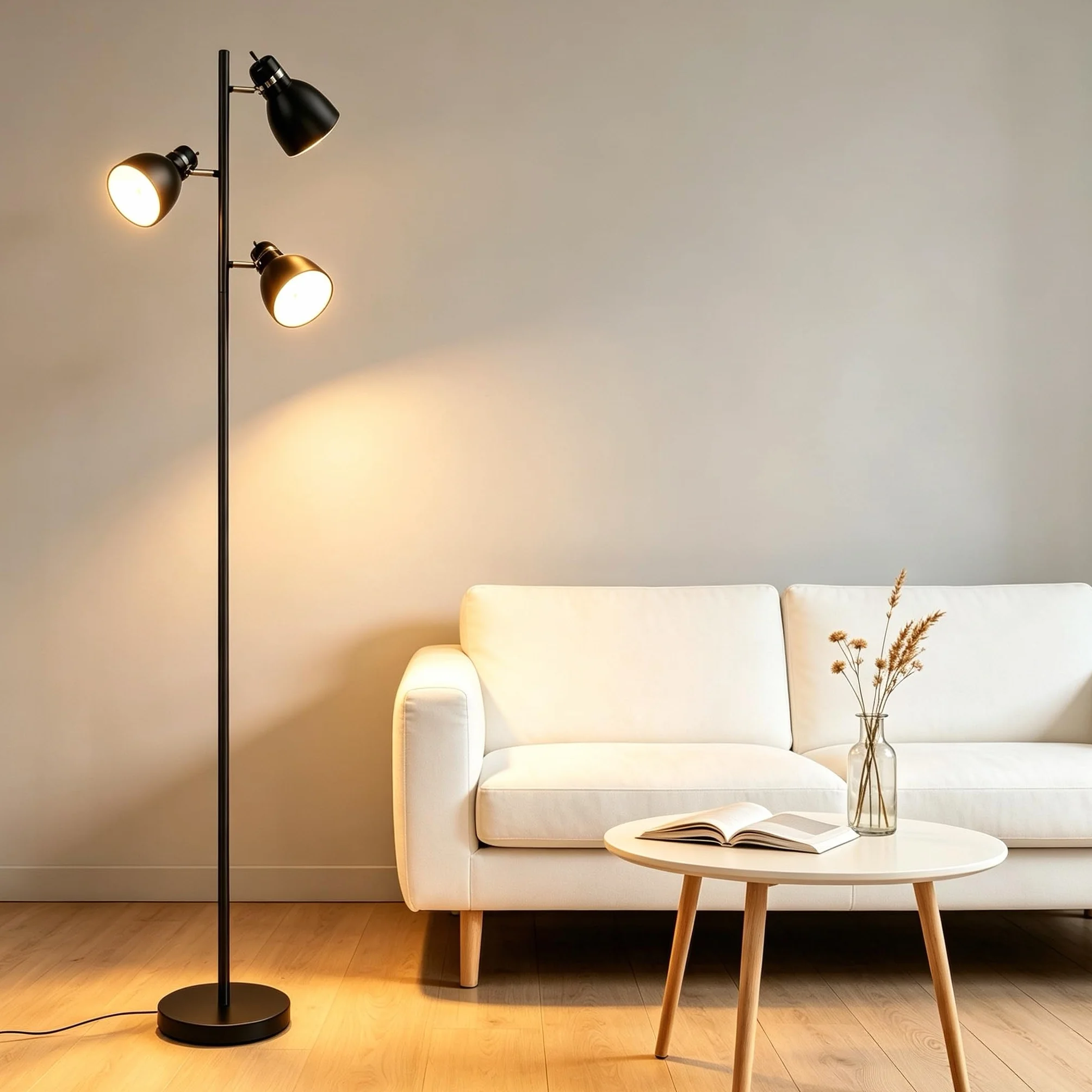 FIRVRE Lampa stojąca w kształcie drzewa z 3 regulowanymi obrotowymi metalowymi głowicami, czarna rustykalna lampa przemysłowa, lampa stojąca do salonu, sypialni, biura, podstawa E27