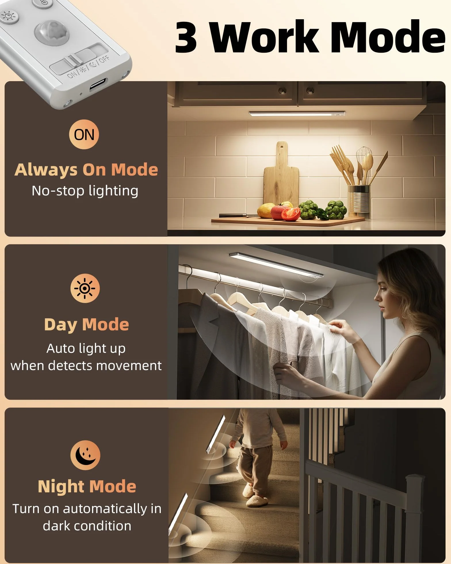 EZVALO Oświetlenie szafki LED, 37 cm, 134 diody LED, bezprzewodowe, z czujnikiem ruchu, 3200 mAh, ładowane, 3 tryby kolorów, możliwość ściemniania, oświetlenie szafy, kuchni, srebrny (2 sztuki)