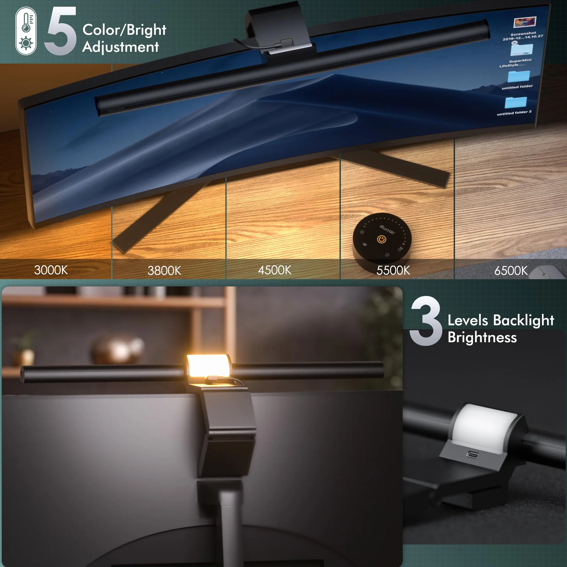Quntis 42,5 cm lampa monitora z podświetleniem i pilotem zdalnego sterowania, zakrzywiona listwa oświetleniowa do monitora z automatycznym ściemnianiem, lampa ekranowa, lampa biurowa do komputera