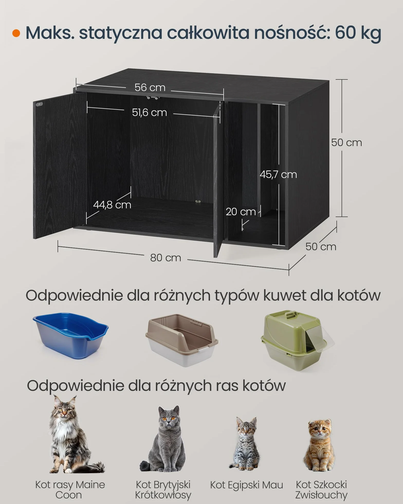 SONGMICS HOME Szafka na kuwety dla kota, ultraszybki montaż bez użycia narzędzi, ociekacz dla dużych kotów, drzwi otwierane ciśnieniowo, stół, minimalistyczny, nowoczesny, czarny drewno PCL013B03