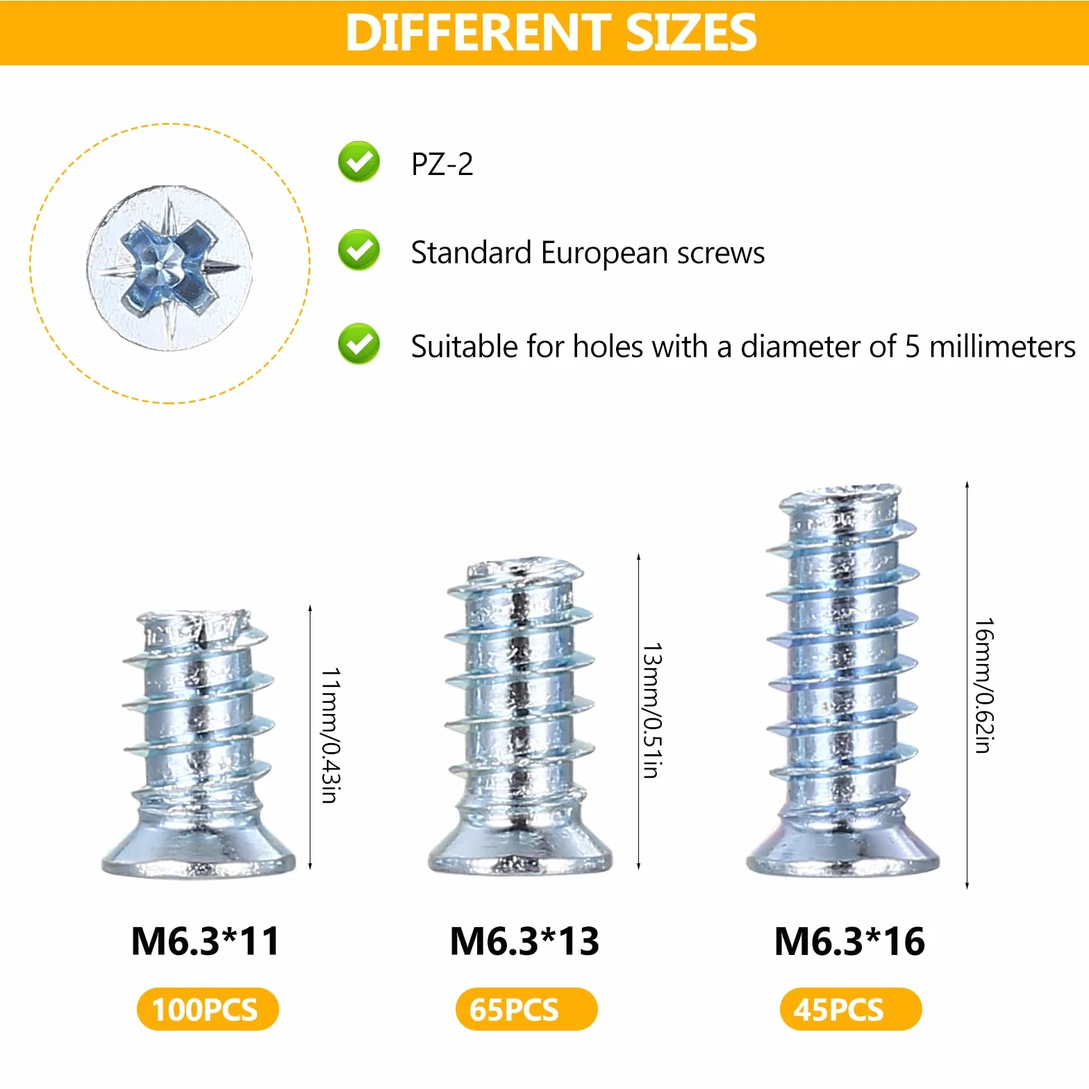 210 sztuk śrub euro, śrub meblowych do zawiasów, z płaskimi łbem stożkowym, do szuflad, szafek, prowadnic szuflad, M6,3 x 11 mm/13 mm/16 mm
