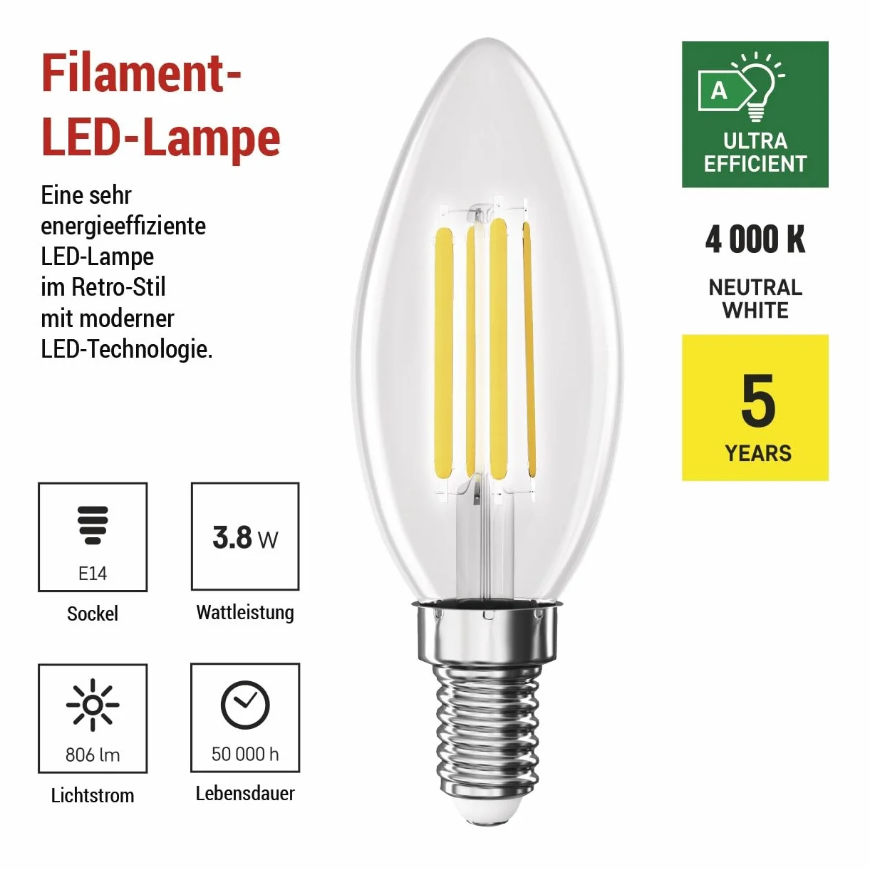 EMOS Żarówka LED Edison Candle E14 3,8W 60W 806lm 4000K CRI80 360°