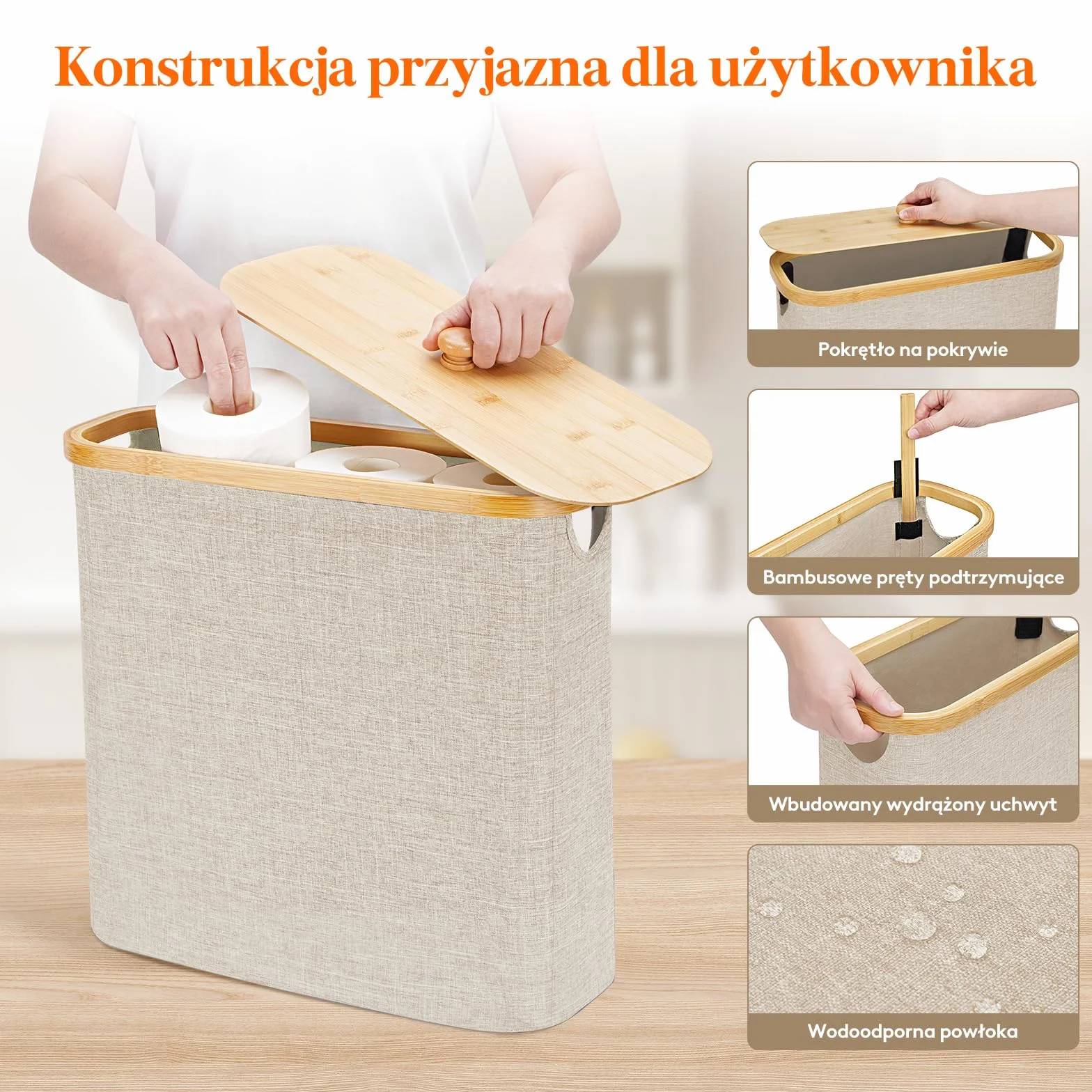 Lifewit Przechowywanie rolek papieru toaletowego, pudełko do przechowywania łazienkowego uchwyt stojak z pokrywką, bambusowy wielofunkcyjny kosz szafka na papier toaletowy z uchwytem, beżowy, 30L