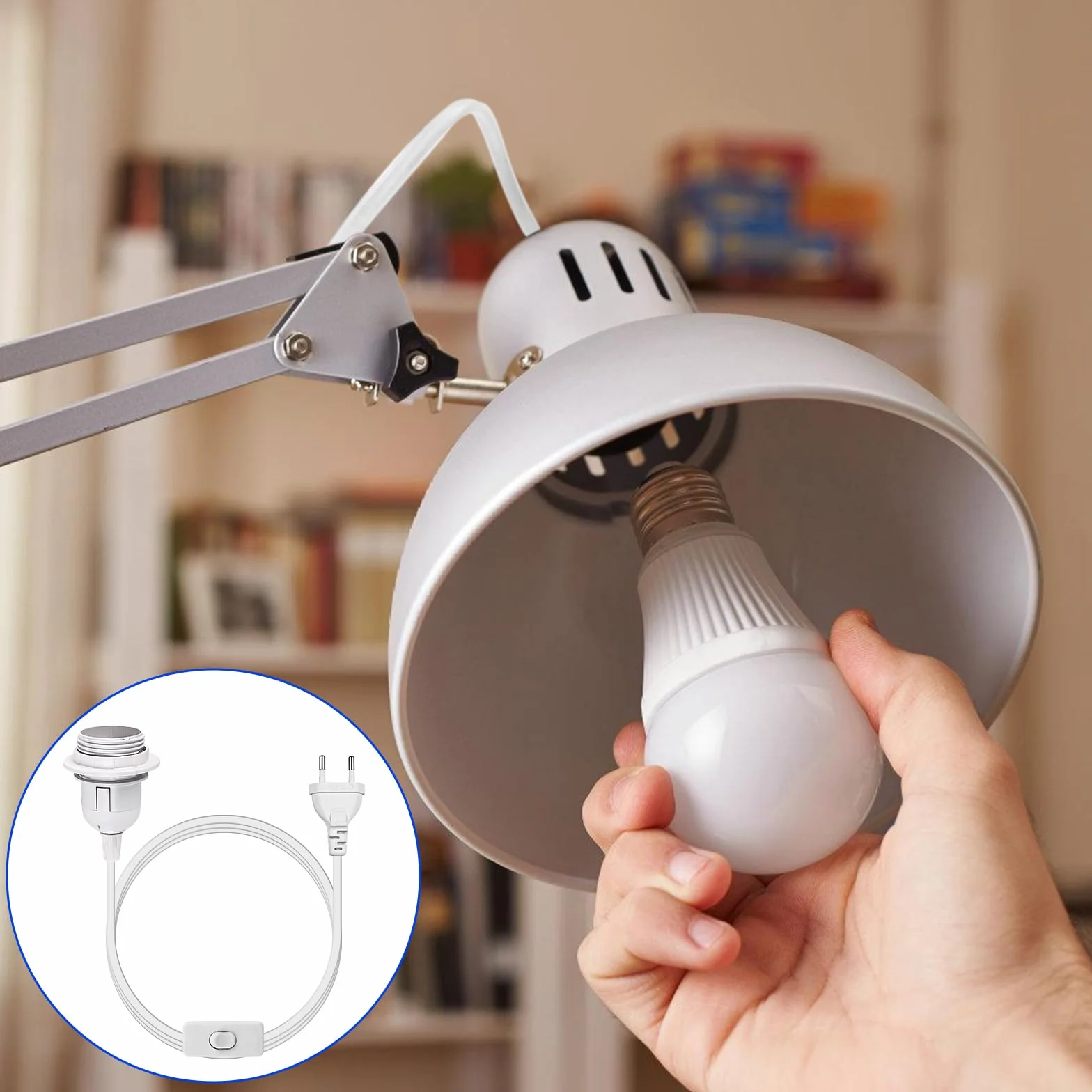 Leikurvo Zestaw 4 oprawek E27 z przełącznikiem i wtyczką EU, oprawka E27 z kablem 3 m, przełącznik śrubowy, adapter do gniazdka, stojak lampy do kuchni, salonu, biura, pokoju dziecięcego (białe)