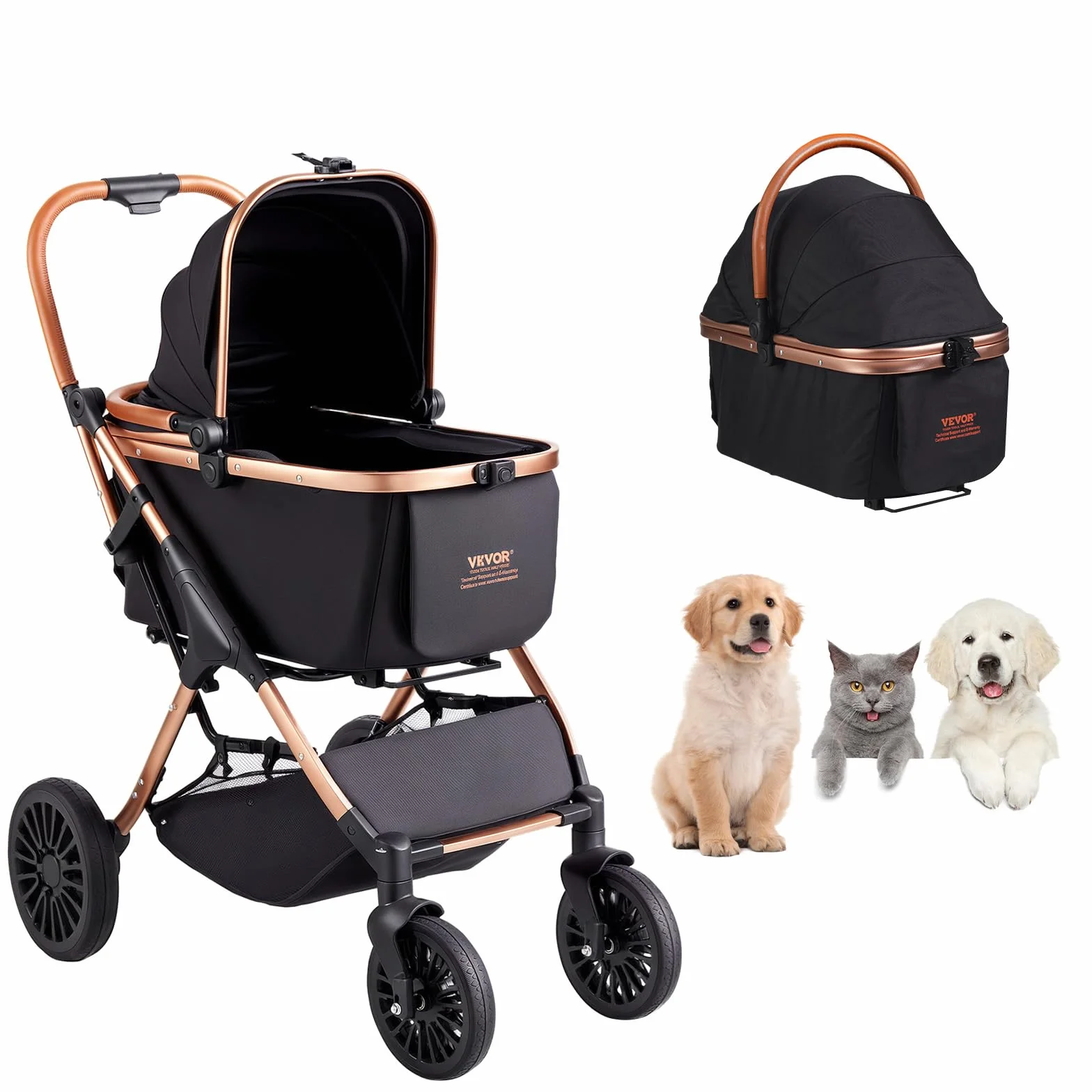 VEVOR Wózek dla zwierząt domowych 4 kółka obracany z hamulcami nośność 29,9 kg odpinanym nosidełkiem koszem do przechowywania