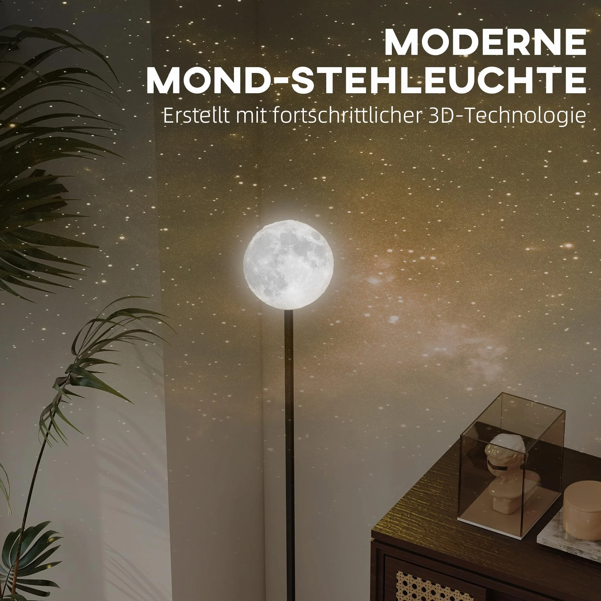HOMCOM 3D Moon Floor Lamp, 140 cm Modern Standing Lamp with 3 Colours and Foot Switch for Living Room, Bedroom, LED Bulb Included, Black