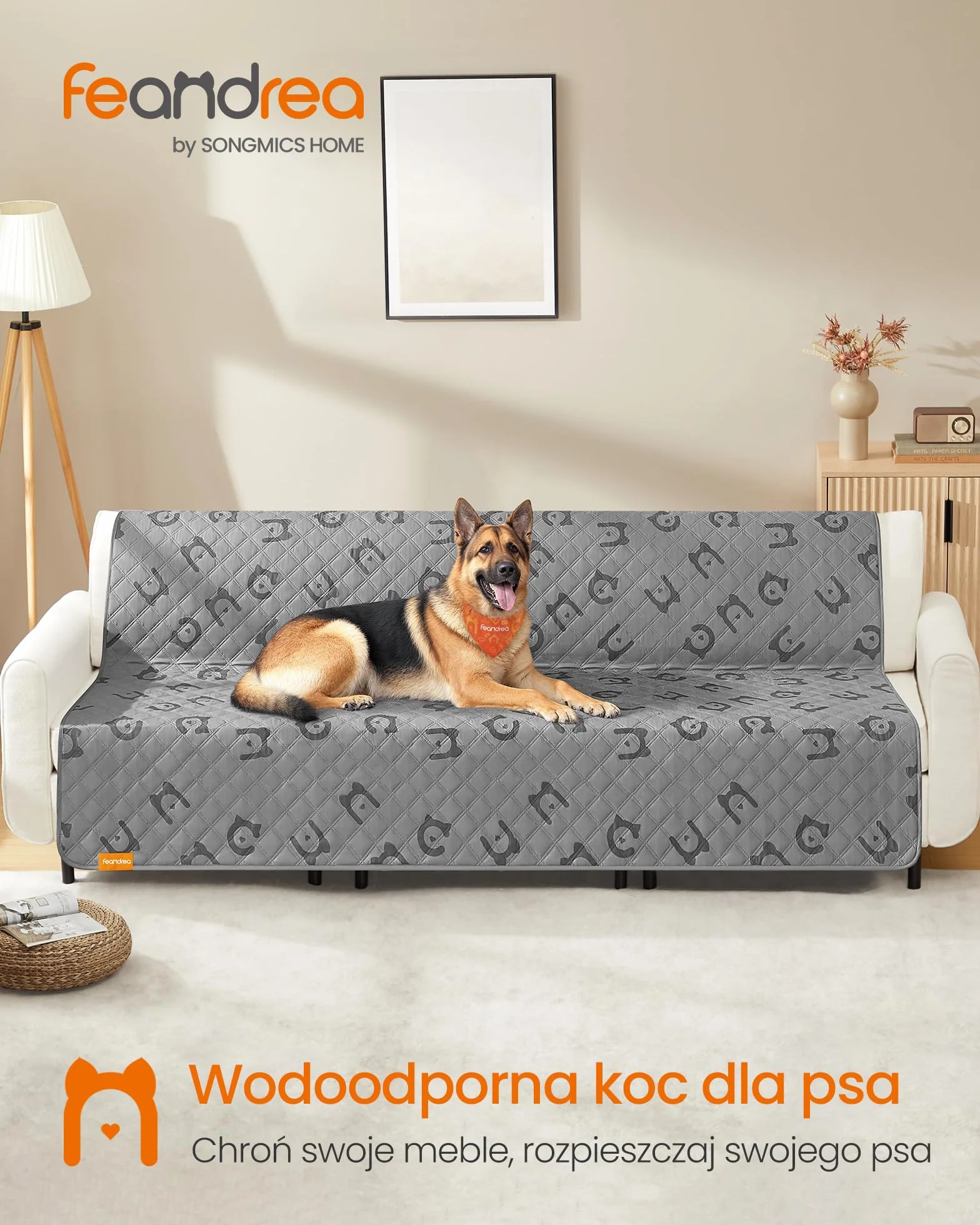 Feandrea Wodoodporny koc dla psa, nadający się do prania, 208 x 173 cm, ochronny pokrowiec na sofę, antypoślizgowy spód, pikowany wzór, gołębia szarość PPB028GD01