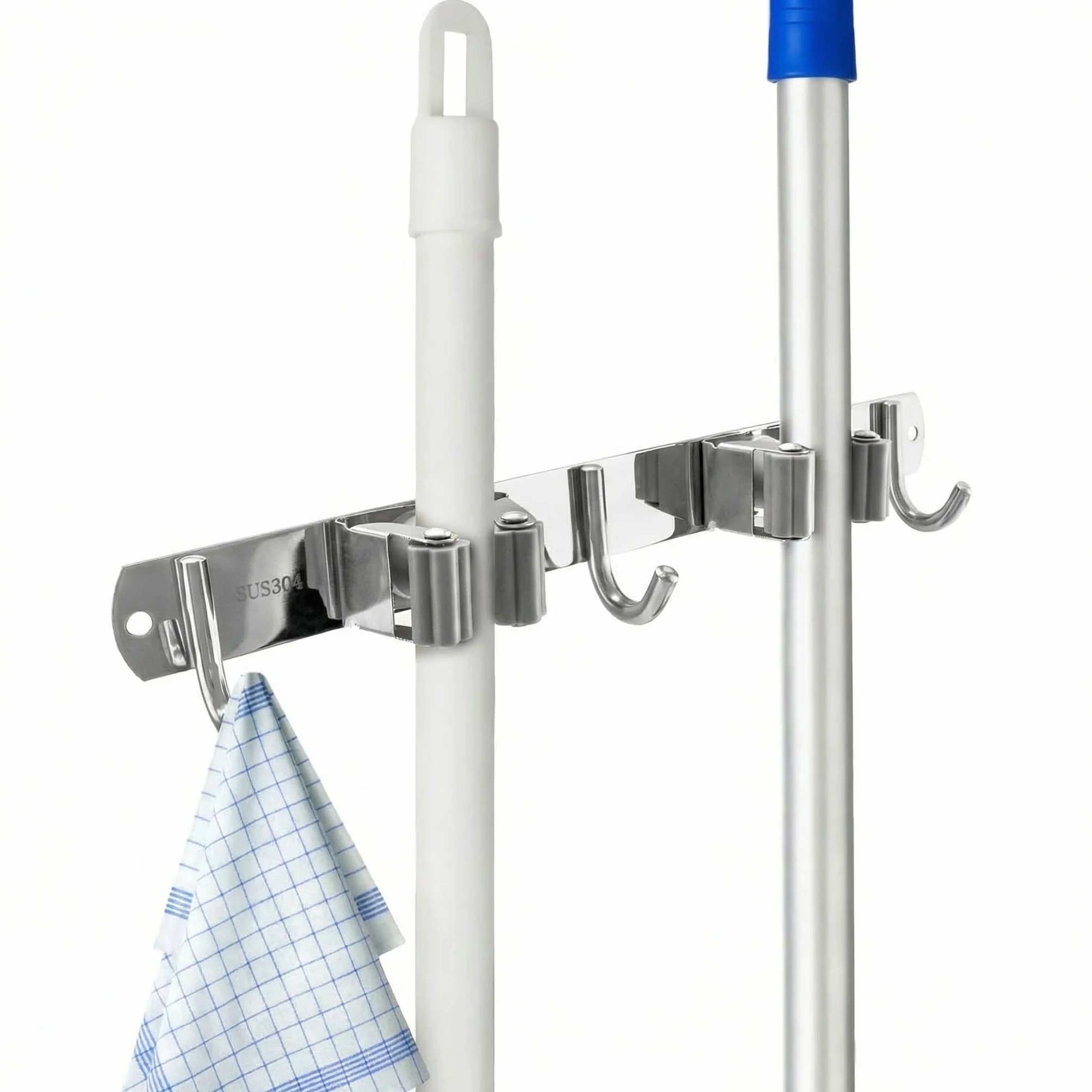 QWORK® uchwyt na miotłęściana bez wiercenia uchwyt na naczynia ze stali nierdzewnej z 2 uchwytami i 3 haczykami do domu kuchnia łazienka garaż ogród