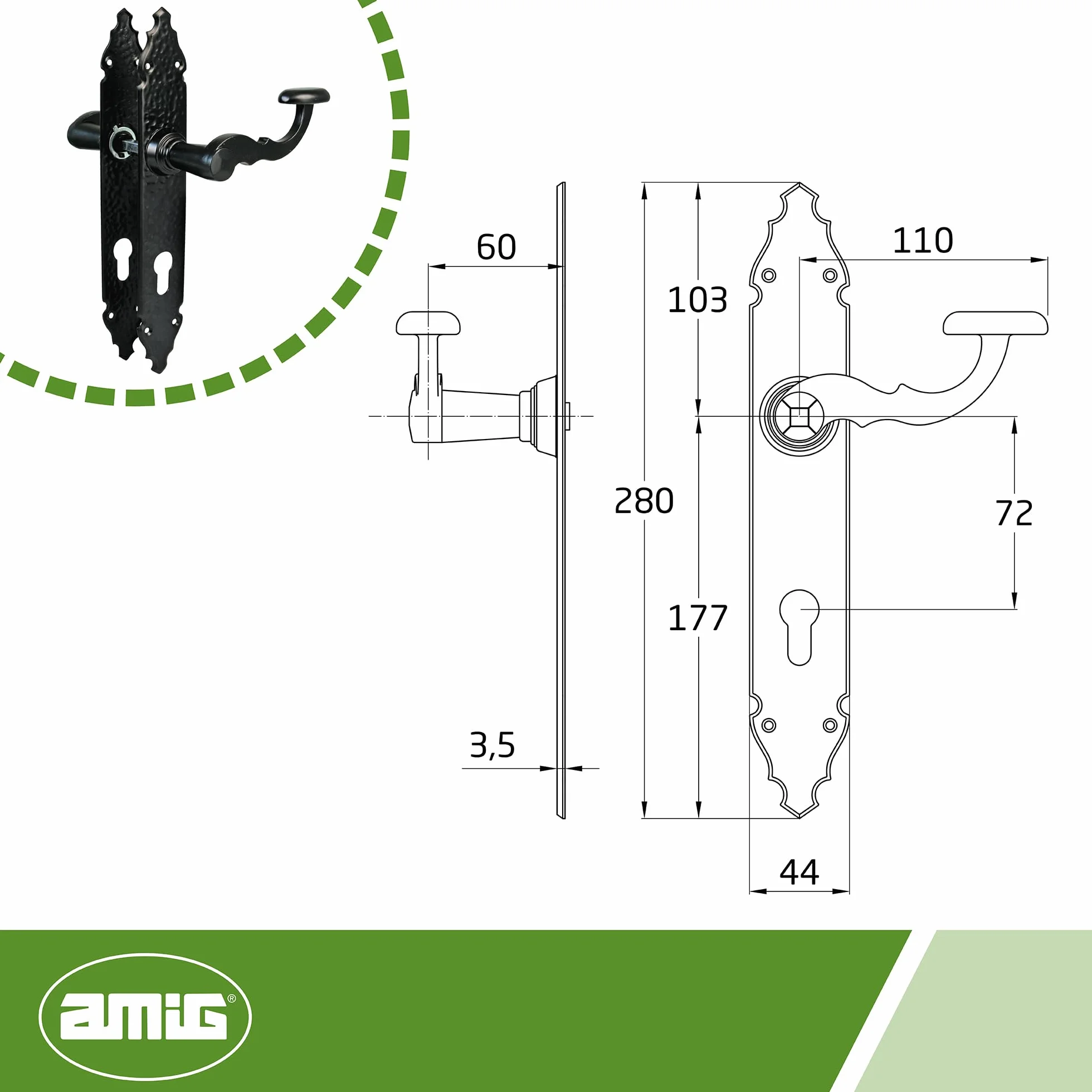 Amig - Zestaw uchwytów mod. 100 PB | 280 x 44 mm | Klamka Zamak ze stalową płytką | Czarne wykończenie | Zawiera końcówkę Europrofilową | Czworokąt 8 mm | Rustykalny ręcznie kuty styl