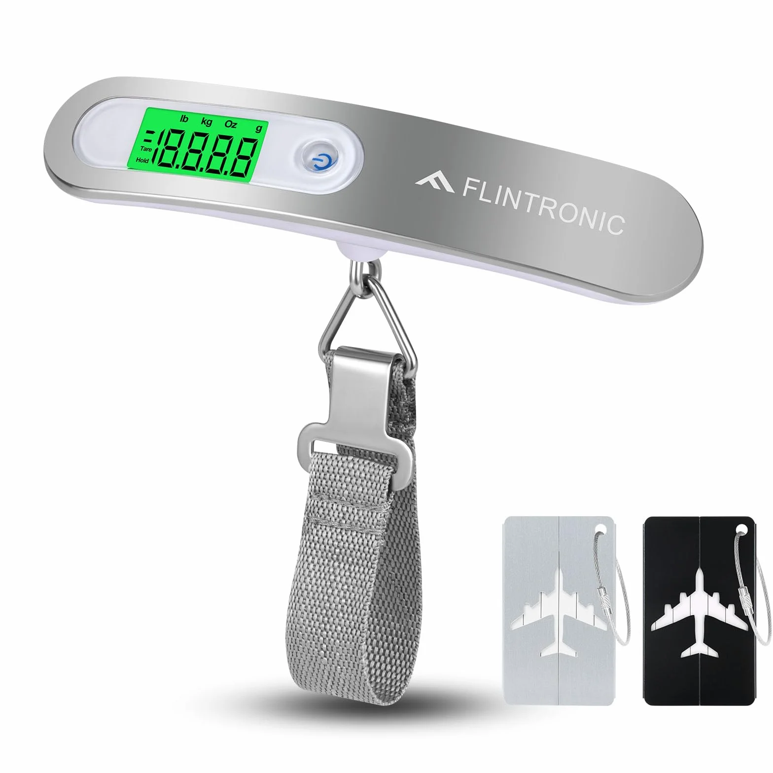 flintronic Cyfrowa waga bagażowa, przenośna waga wisząca, wyświetlacz LCD, z haczykami, 50 kg, z funkcją tarowania i podświetleniem, do podróży, kuchni