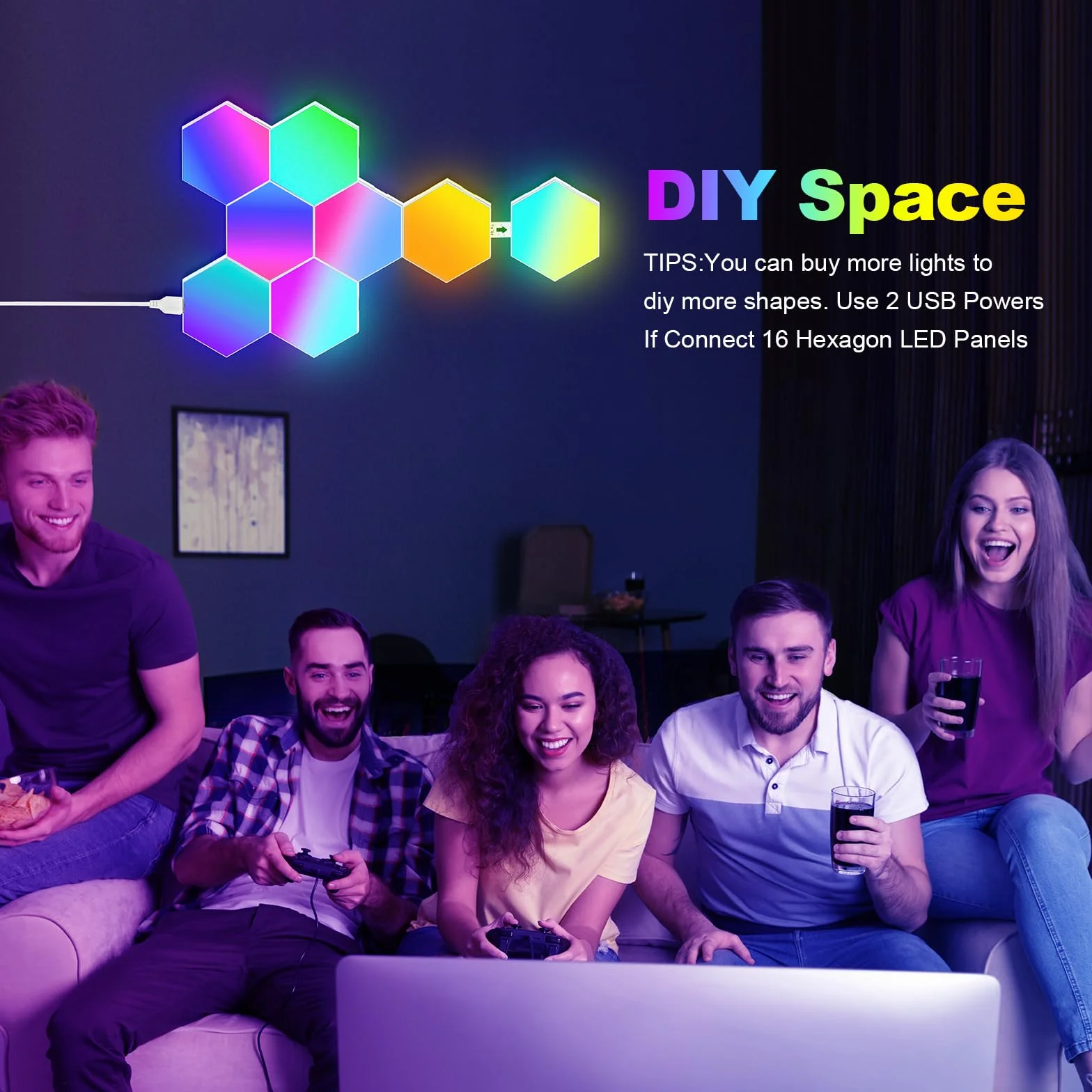 URAQT Hexagonalny Kinkiet LED do Gier, 8 Sztuk Paneli RGB, Inteligentny Sześciokątny, Synchronizacja Muzyki Sterowana Aplikacją dla Graczy, Wystrój Pokoju, Światło Modułowe