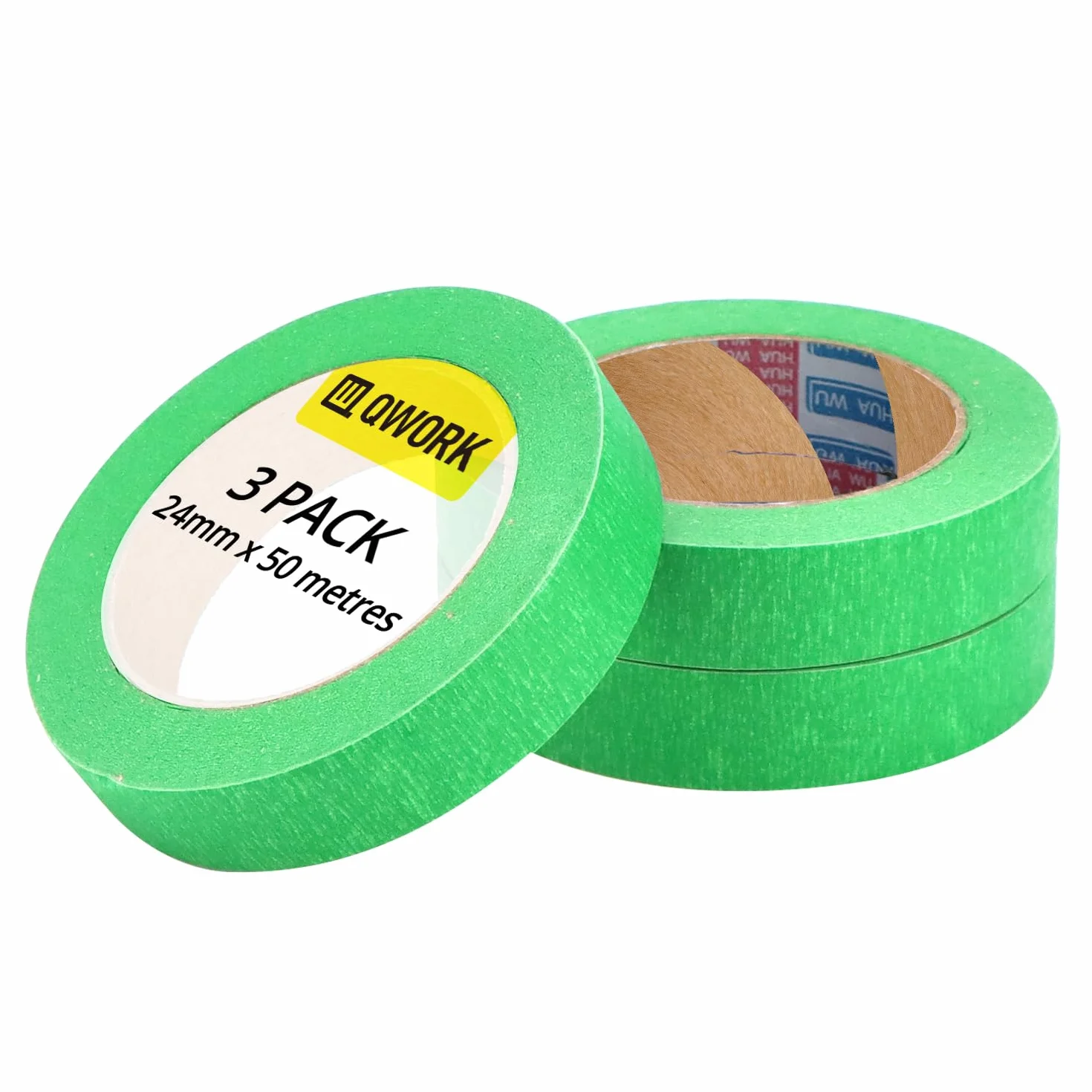 QWORK® Zestaw 3 zielonych taśm maskujących 24 mm x 50 m - bez pozostałości, łatwe usuwanie