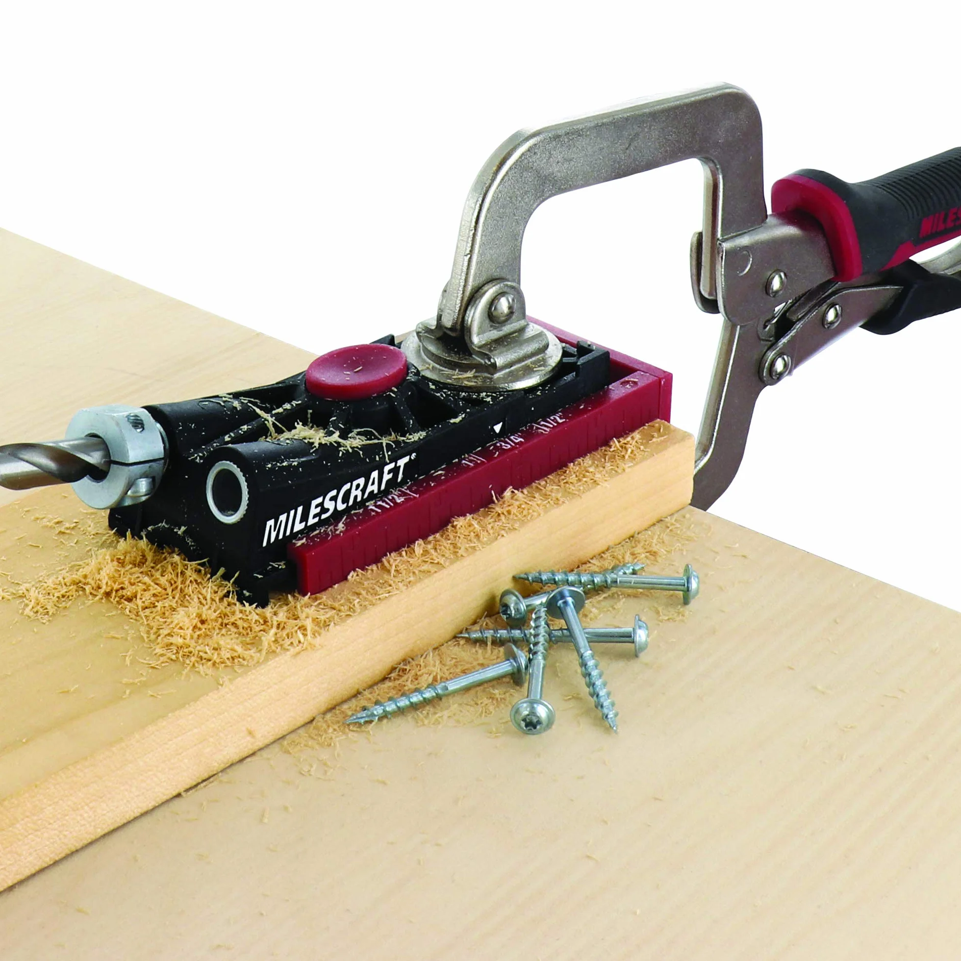 Milescraft 7336 kieszonkowy Jig 200XCJ – zestaw otworów kieszonkowych z podwójnym otworem kieszonkowym, pojedynczym otworem kieszonkowym, zaciskiem czołowym 5 cm i akcesoriami potrzebnymi do każdego