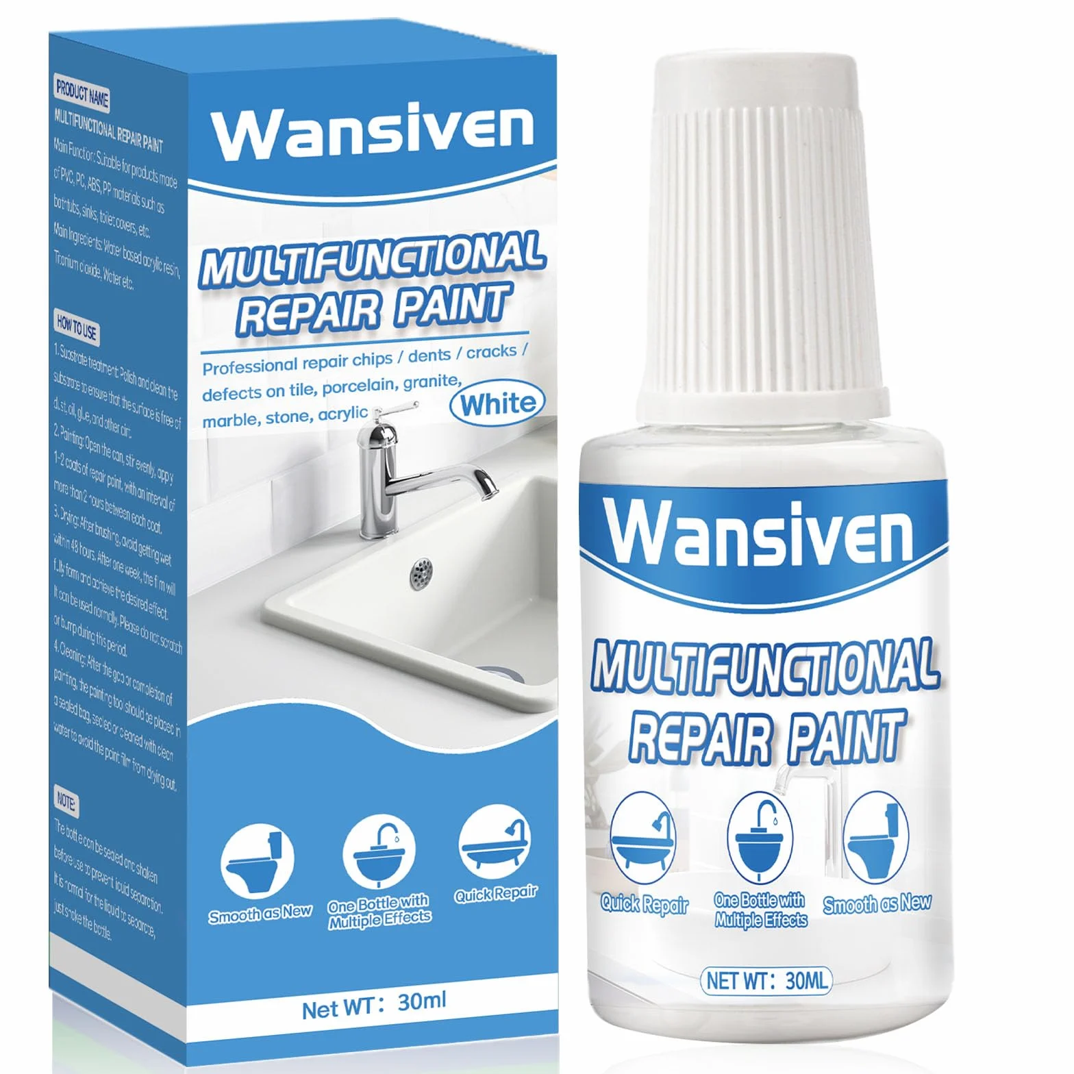 Wansiven Tile Repair Paint, emaliowany pisak do poprawek 30 ml, łatwo i szybko schnący błyszczący lakier, odpowiedni do kuchni, łazienki, lodówki, prysznica, zlewu (biały)