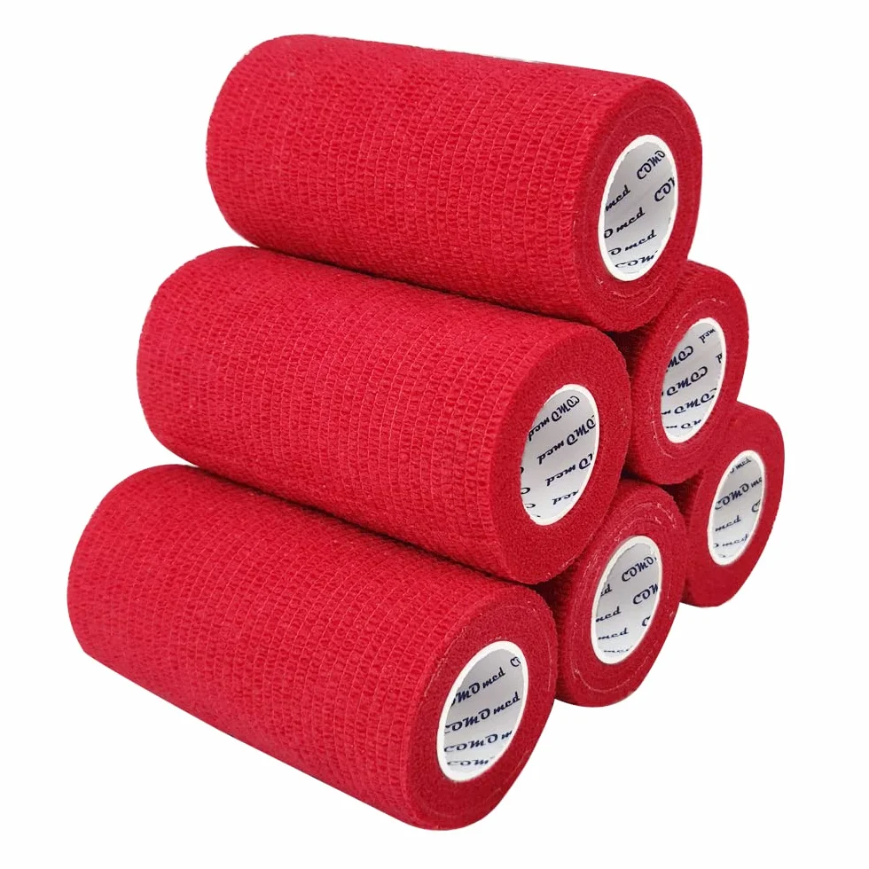 6 Rolls Cohesive Bandage 10 cm X4,5 cm Red, Flexible Bandage, Non-Woven Cohesive, Athletic Tape, Fat Wrap, Wraps Bandage, Suitable for Sensitive Ski…