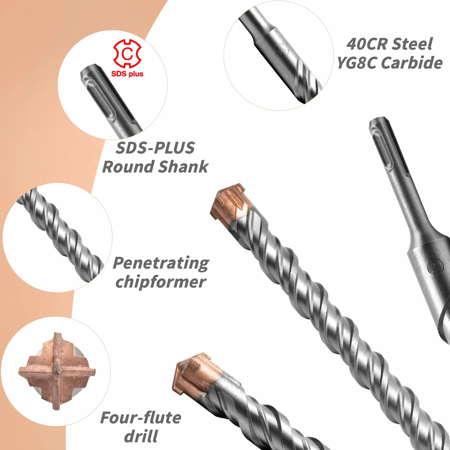 Wiertarka Udarowa SDS Plus Professional Betonu z 4 Ostrzami z Węglików Spiekanych Wiertarka do Metalu do Betonu Udarowa Wiercenie w Betonie, Kamieniu Naturalnym 25mm x 350mm