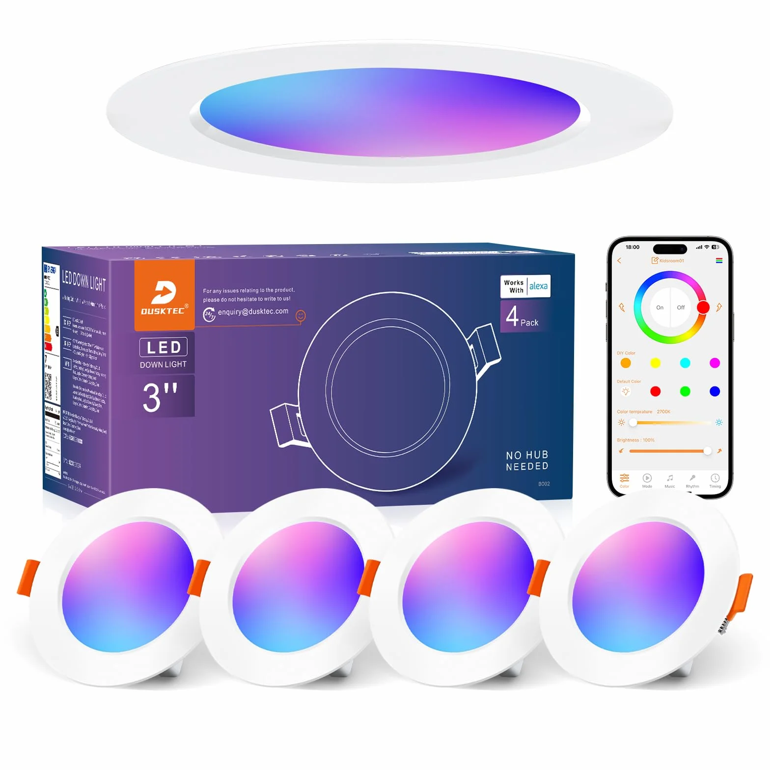 DUSKTEC Wbudowany reflektor LED Alexa Bluetooth, 220 V, wielokolorowe oświetlenie sufitowe RGB 68 mm, możliwość ściemniania, ciepła i zimna biel, 7 W, IP44, reflektor sufitowy LED łazienkowy