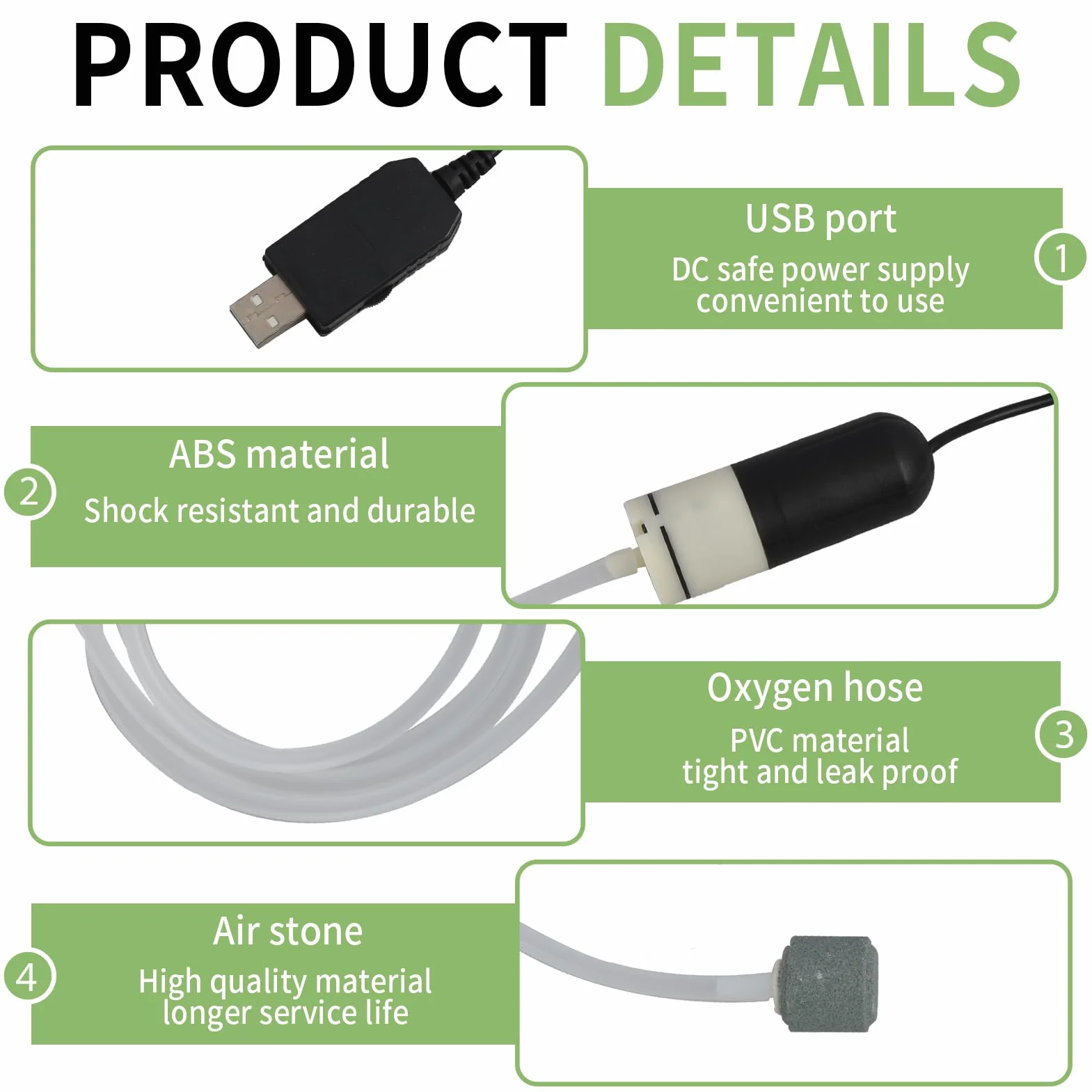 Mini USB Pompa Powietrza do Akwarium, Pompa Tlenu z Kamieniem Powietrzającym do Akwarium, Urządzenie do Napowietrzania Zbiorników Rybich, Akcesoria do Akwariów z Wodą Słodką i Morską, Energooszczędna