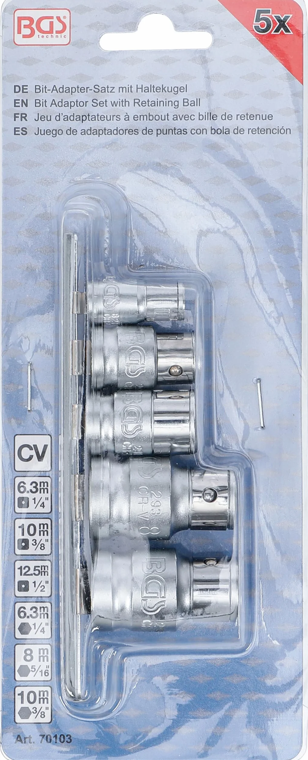 BGS 70103 | Zestaw adapterów do bitów z kulką | gniazdo czworokątne 6,3 mm (1/4") / 10 mm (3/8") / 12,5 mm (1/2") | 5 szt.