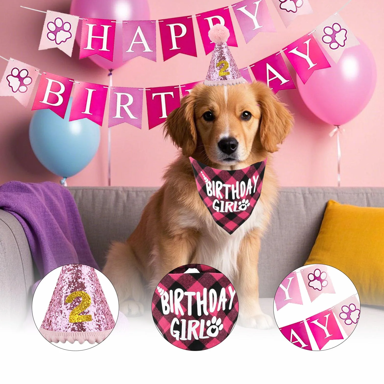 Kapelusz urodzinowy dla psa, zestaw 5 sztuk, bandana z 10 numerami Bling i banerem Happy Birthday, dekoracja urodzinowa (różowa)
