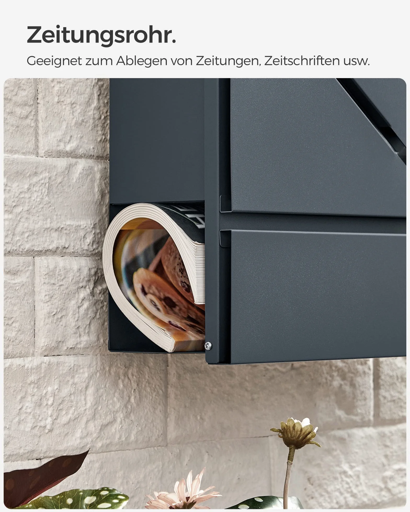 SONGMICS Skrzynka na listy, wizjer w kształcie litery V, ścienna skrzynka na listy, z zamkiem i pokrywą, przegródka na gazety, łatwa w montażu, Antracyt GMB054G01