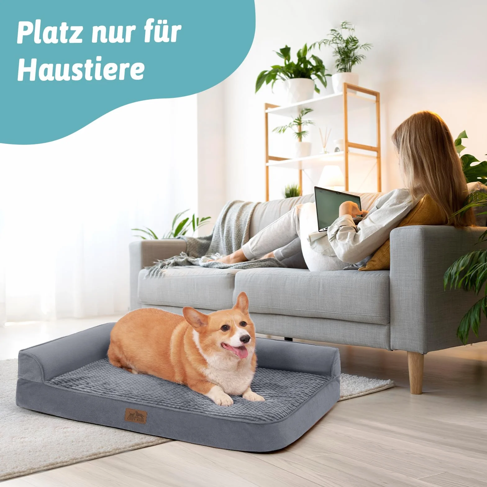 COZY KISS Ortopedyczne legowisko dla psa, grubość 19 cm, sofa dla średnich psów, zdejmowane i nadające się do prania, kanapa dla psów, antypoślizgowa strona spodnia, wodoszczelna wyściółka wewnętrzna