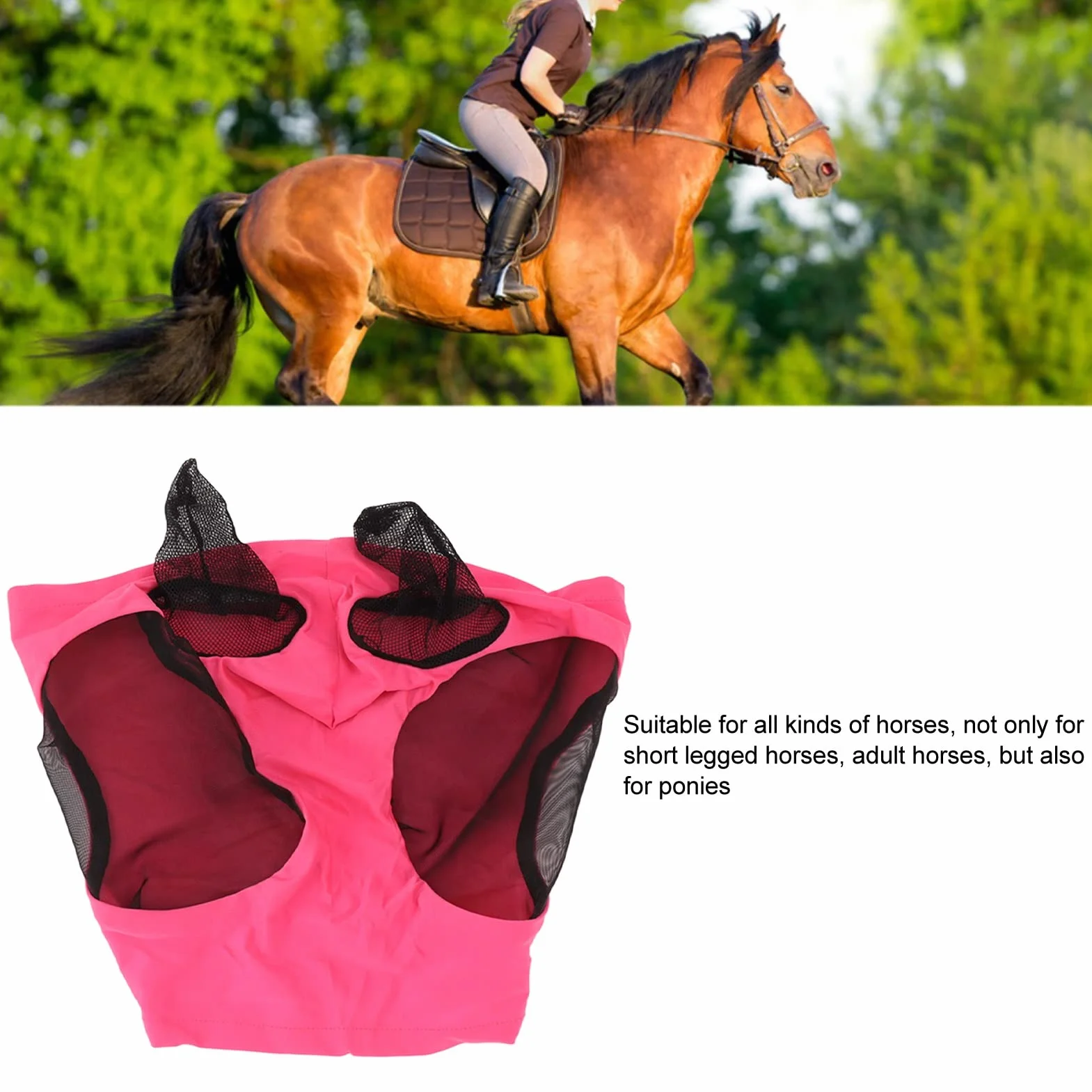 Horse Fly Mask, Elastyczna, Oddychająca Siatkowa Maska ​​dla Koni z Ochroną Uszu(Czerwona róża)