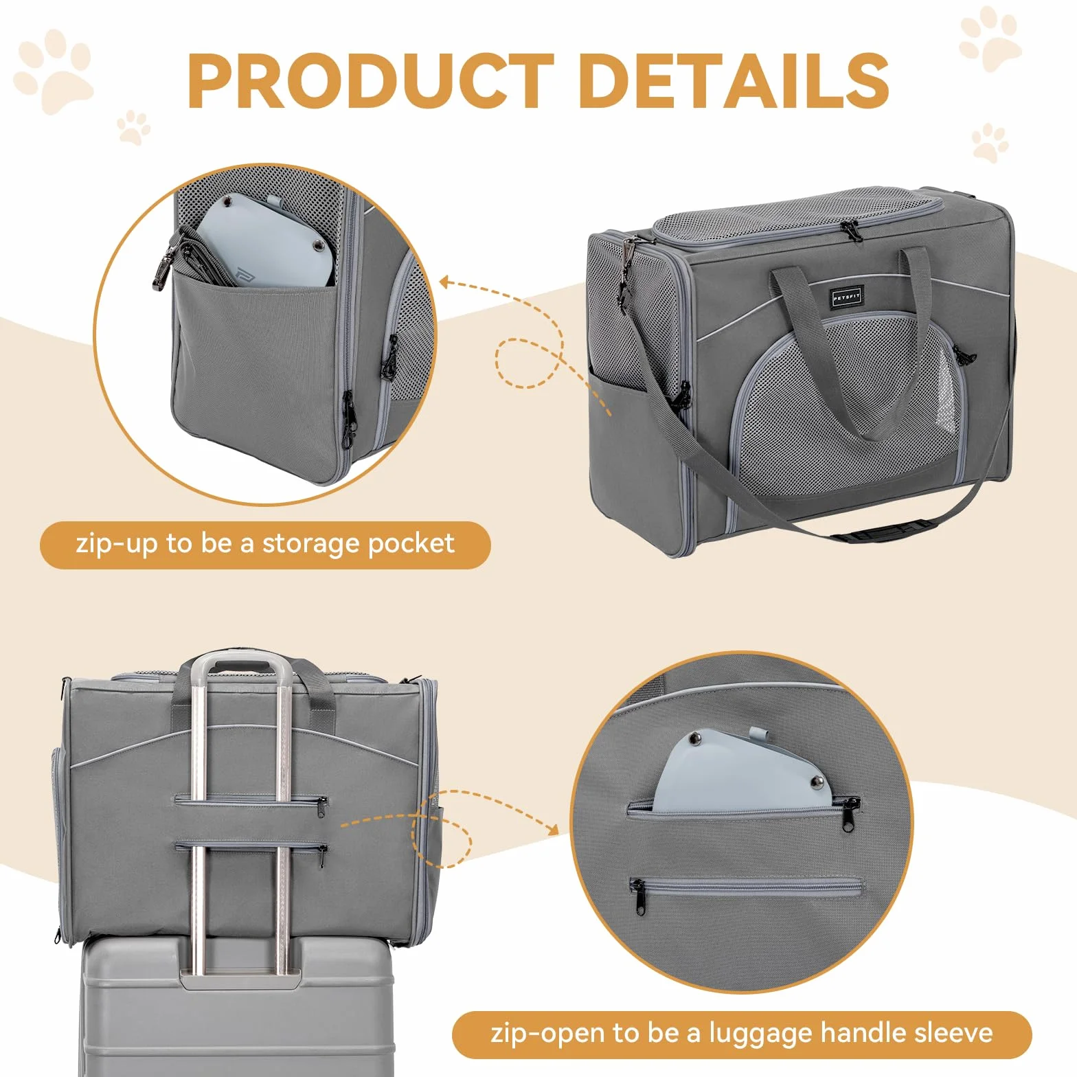 Petsfit Torba transportowa dla psa 55x40x23 cm L szara