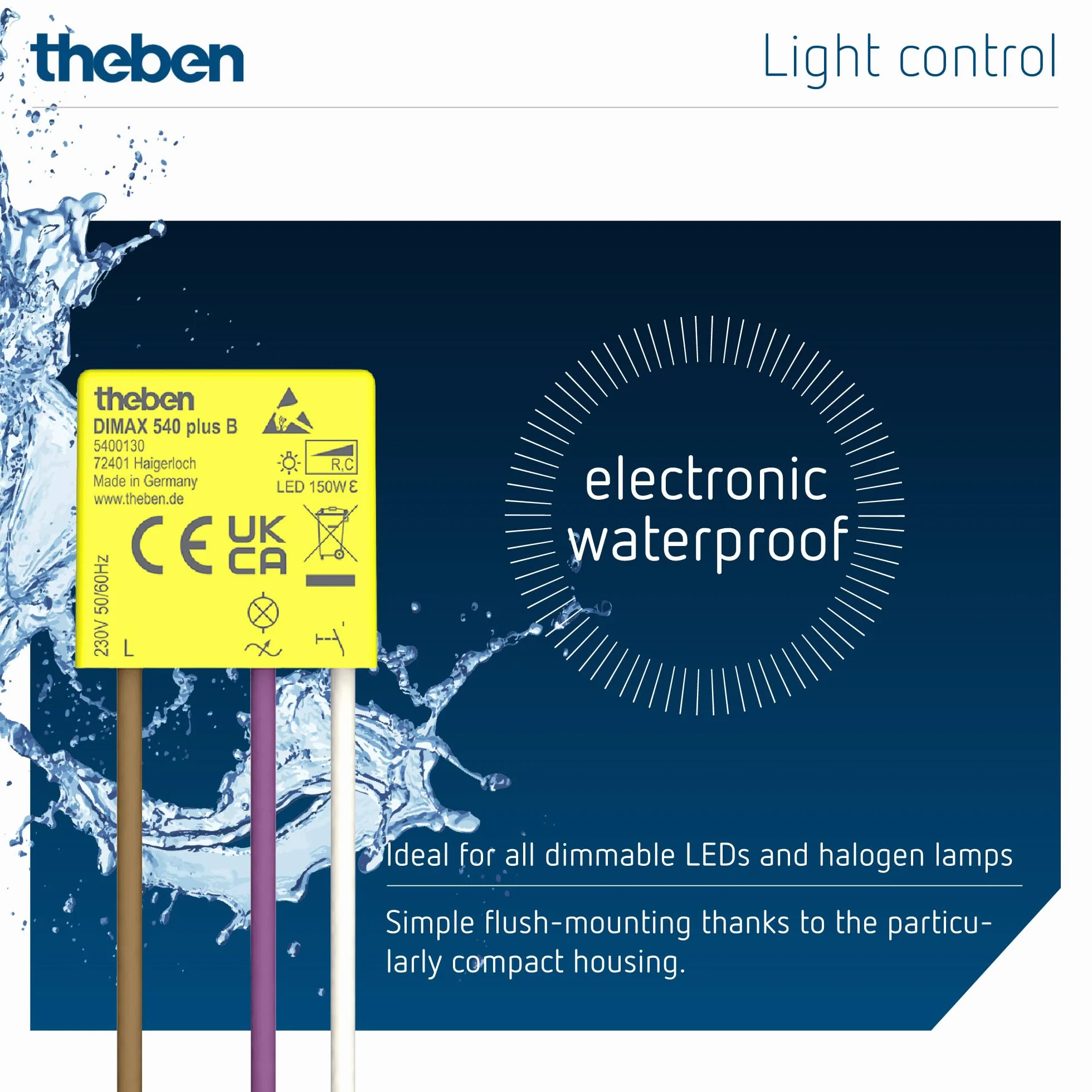 Theben 5400130 DIMAX 540 Plus B Podtynkowy ściemniacz Obciążenia R i C 230V AC Nie wymaga przewodu Neutralny mały model Dalsze wyposażenie Wycięcie w przypadku przegrzania Funkcja pamięci