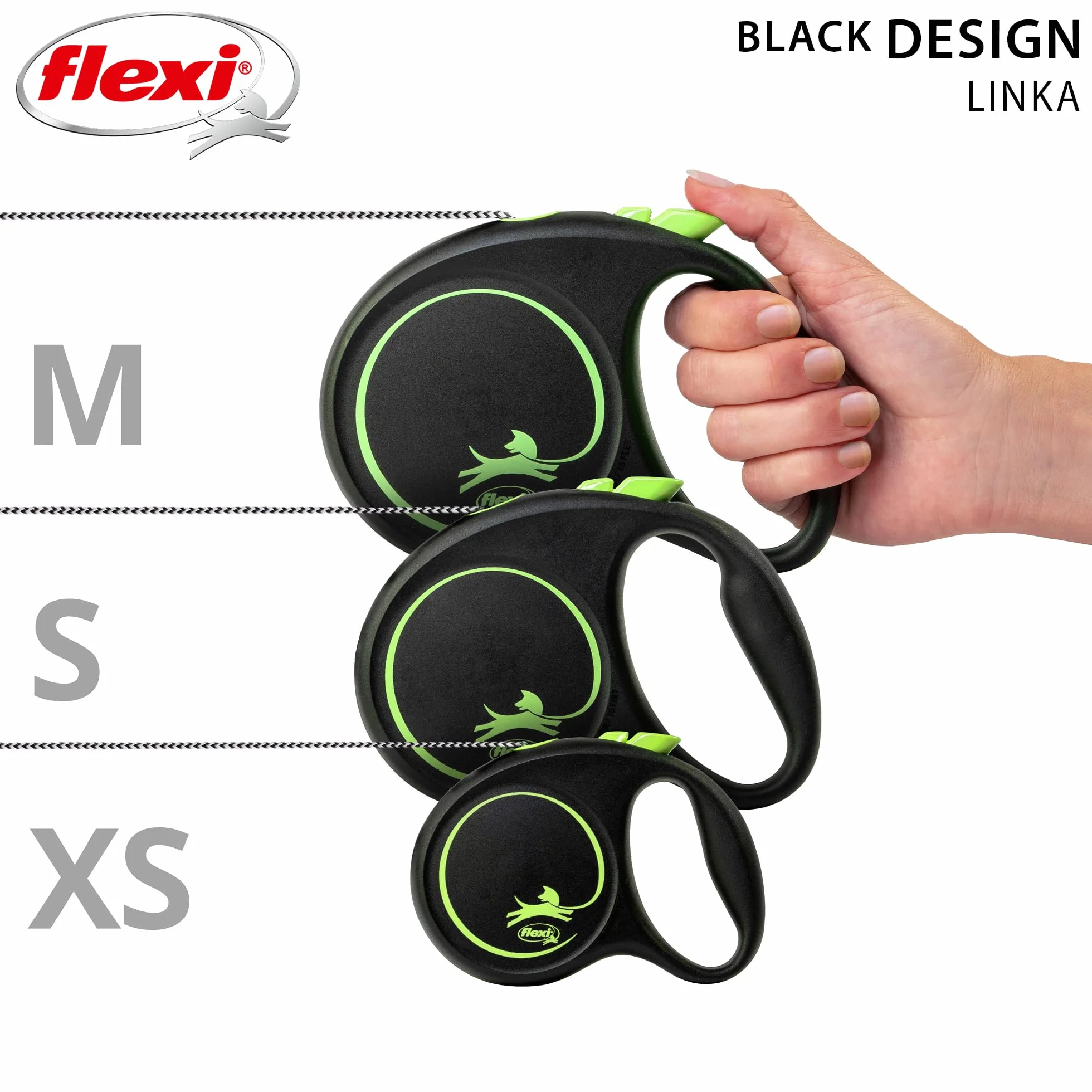 Flexi, model smyczy w kolorze czarnym, wersja ze sznurkiem, nowoczesny i ergonomiczny kształt, zaawansowany system prowadzenia, zwijana smycz, wyprodukowana w Niemczech, czarno-zielona, ​​XS - 3m