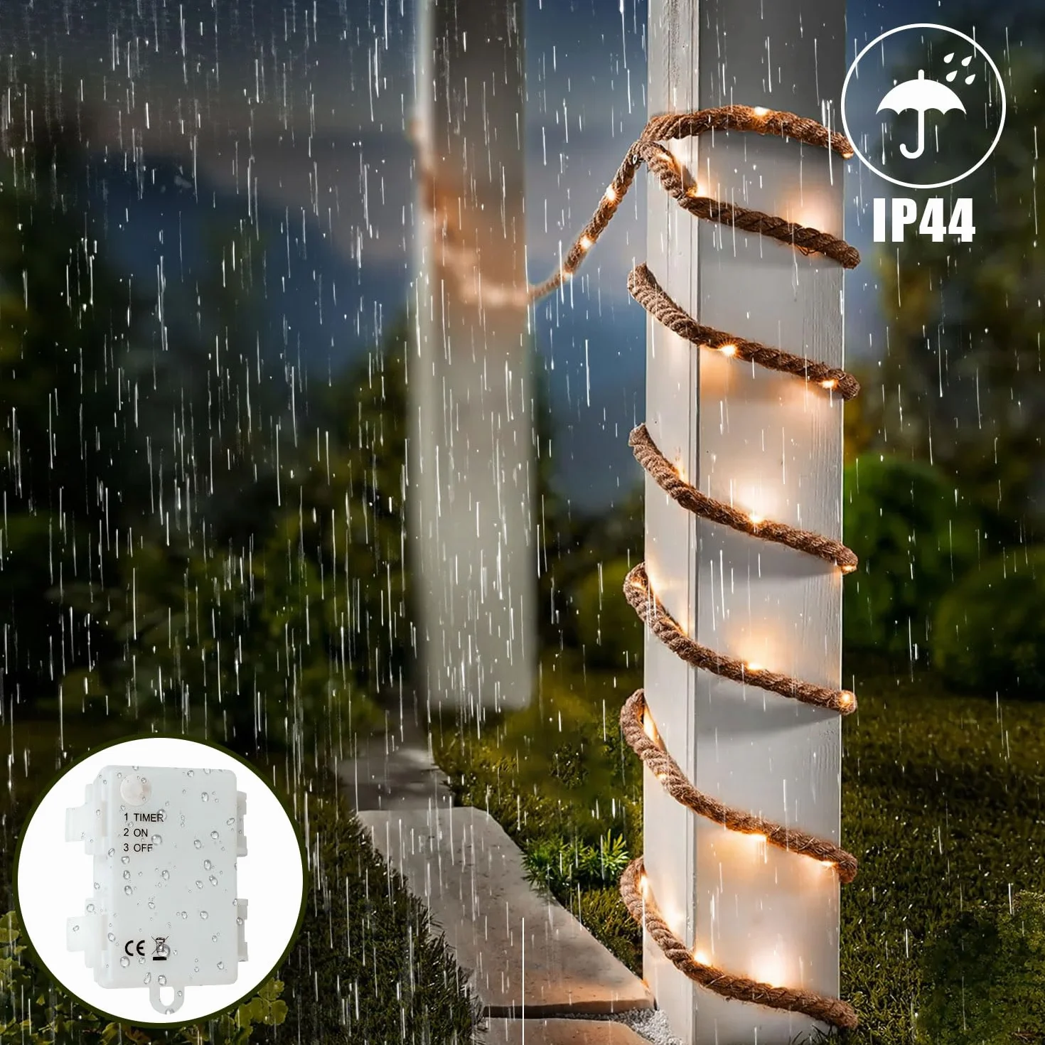 Gresonic Łańcuch świetlny LED, 25 diod LED, długość 2 m, na baterie, timer, lina bawełniana, naturalna linka jutowa, ciepła biel, barwa światła, dekoracja ogrodowa, oświetlenie wewnętrzne, dekoracja