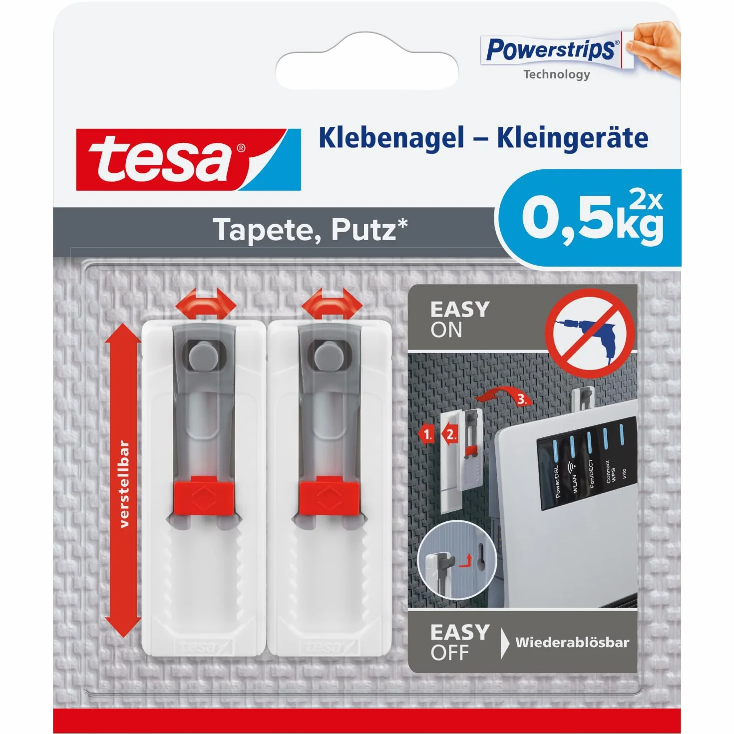 tesa Gwoździe samoprzylepne do tapet i tynku – regulacja wysokości i boku – samoprzylepne – idealne do routerów WLAN – wydajność trzymania 0,5 kg/gwóźdź – możliwość usunięcia bez pozostawiania śladów