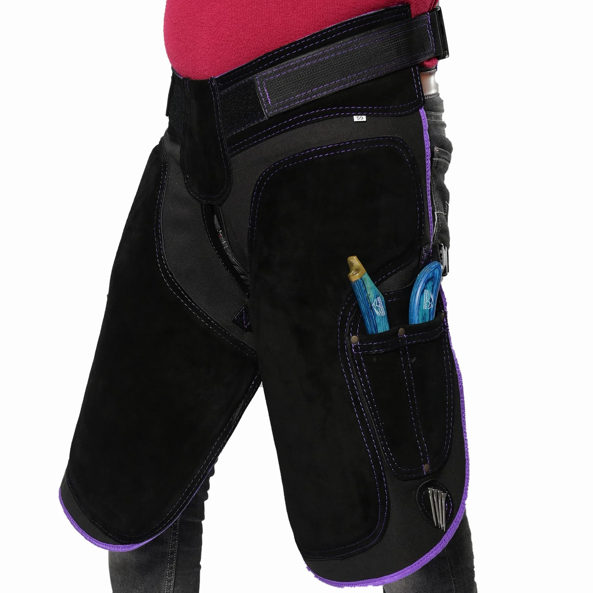 Equine Care Fartuch damski Farrier 23″ - skóra i płótno, regulowana talia 28-52″, wyściełane kolana EVA, podparcie lędźwiowe, 4 kieszenie na noże i magnesy na paznokcie do przycinania kopyt (czarny z