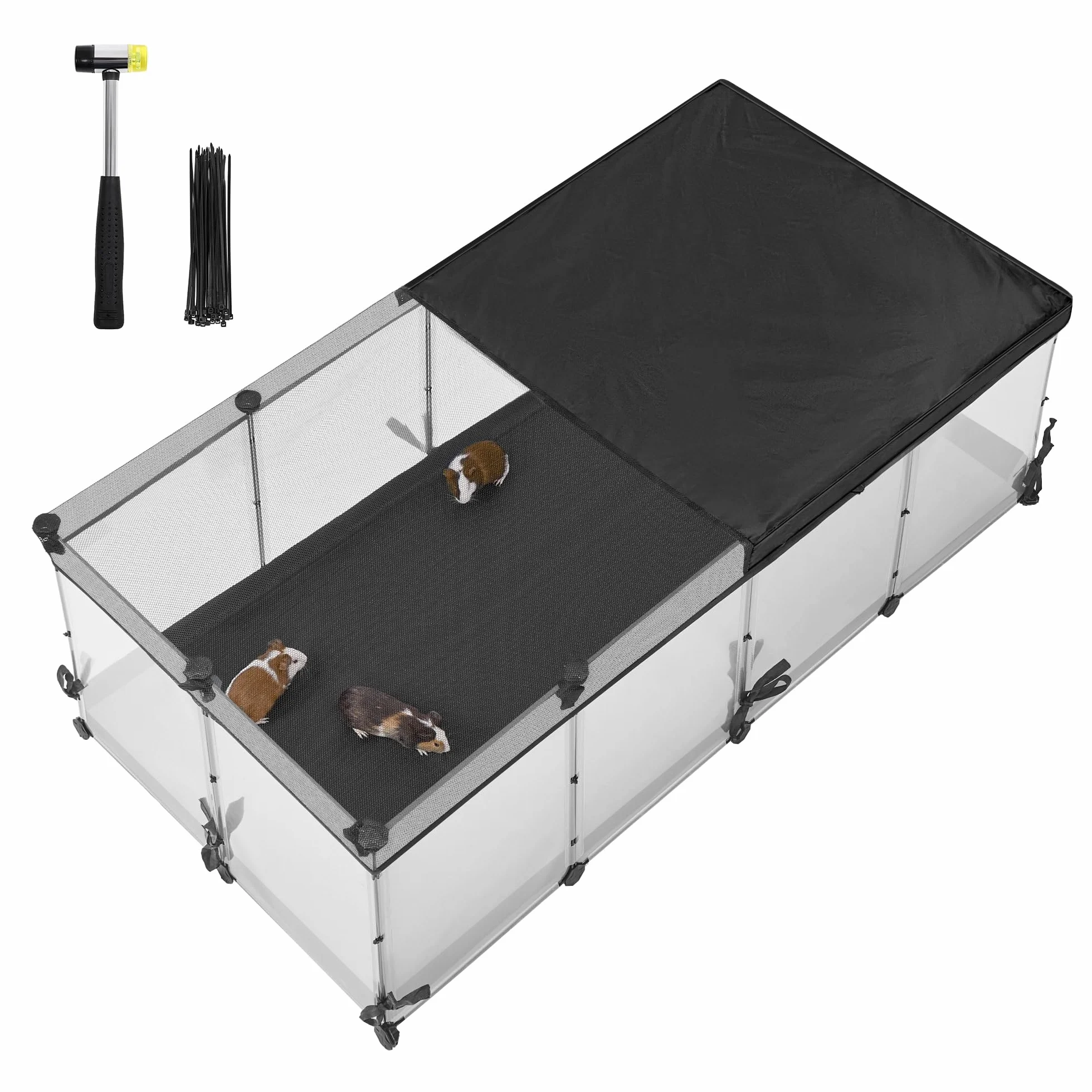 SONGMICS Ogrodzenie dla małych zwierząt, półprzezroczyste panele, oddychająca tkanina, wodoodporna mata, dla królika, jeża, świnki morskiej, fretki, 144 x 74 x 47 cm, biała chmura LPC015W01