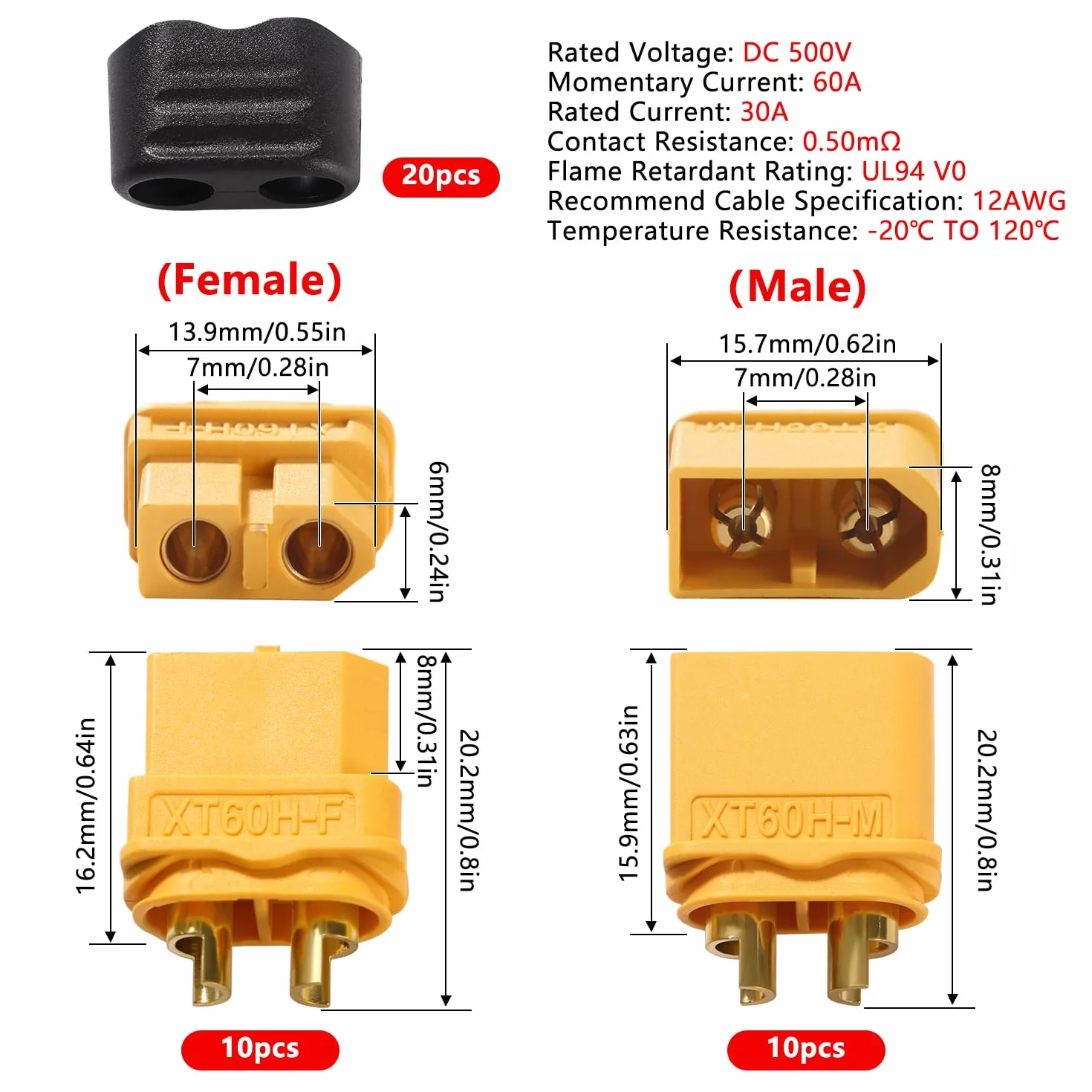 YIXISI 10 Par Złączy Baterii XT60H XT60, Złącze Męskie Żeńskie XT60H, Złącze Kurtki XT60H, do Baterii RC Lipo