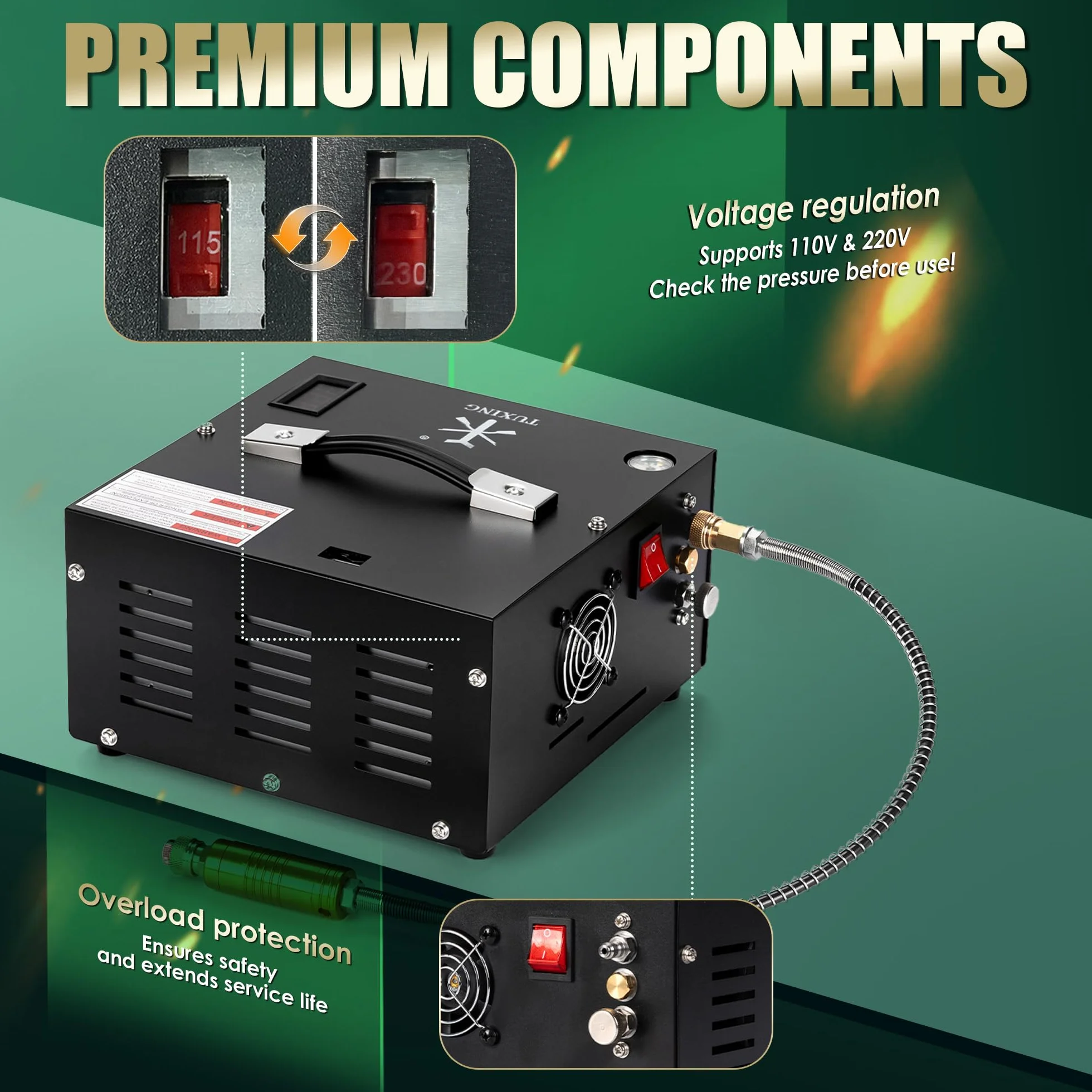 Sprężarka powietrza TUXING Pcp, 4500Psi 30Mpa, bezolejowa/wodna, zasilana samochodem 12 V DC lub domowym 220V AC z adapterem (w zestawie), pompa do wiatrówek i wiatrówek PCP (TXES061)