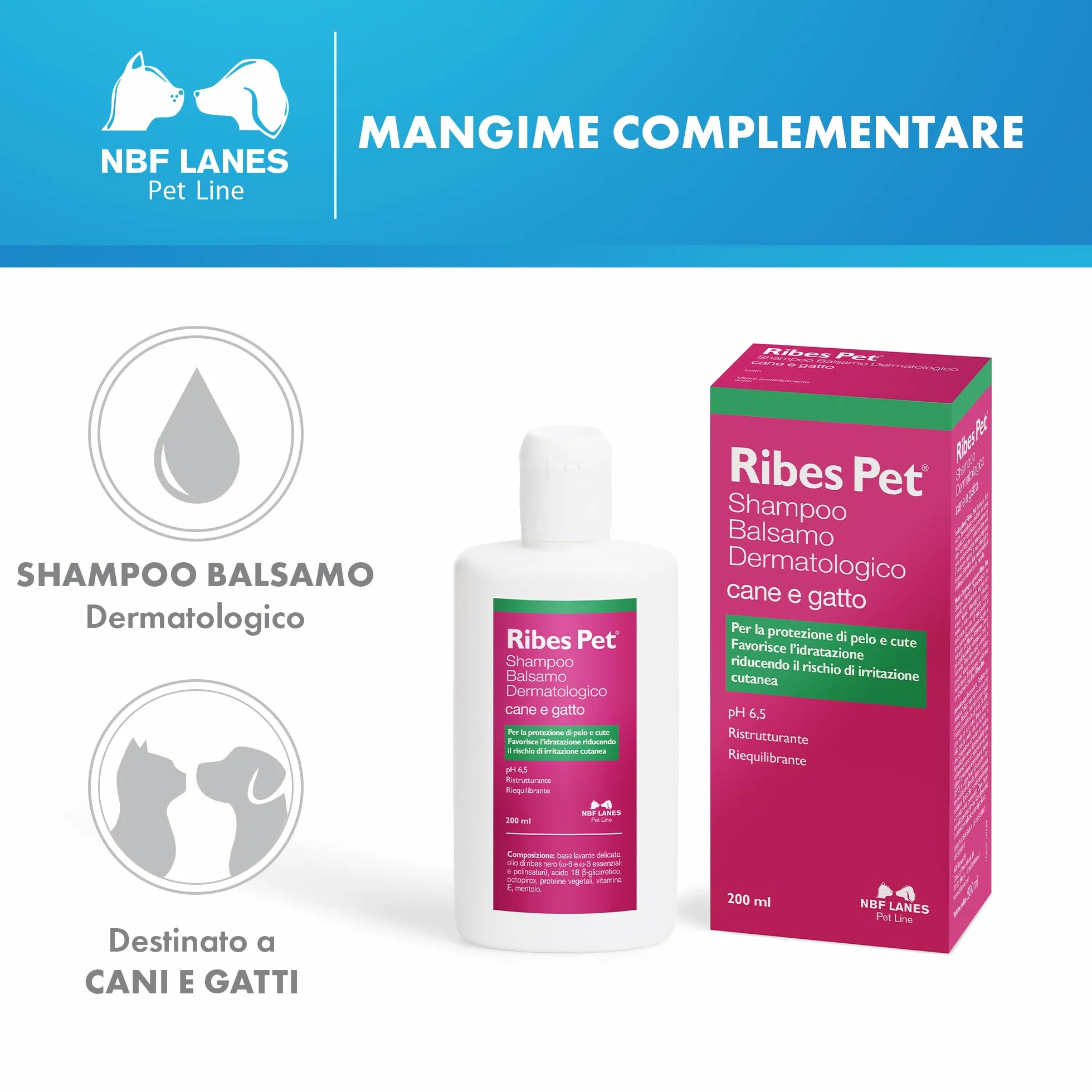 NBF Lanes | Ribes Szampon i Odżywka Dermatologiczna dla Psów i Kotów, 200 ml – Chroni Sierść i Skórę, pH 6,5, Odbudowujące i Równoważące