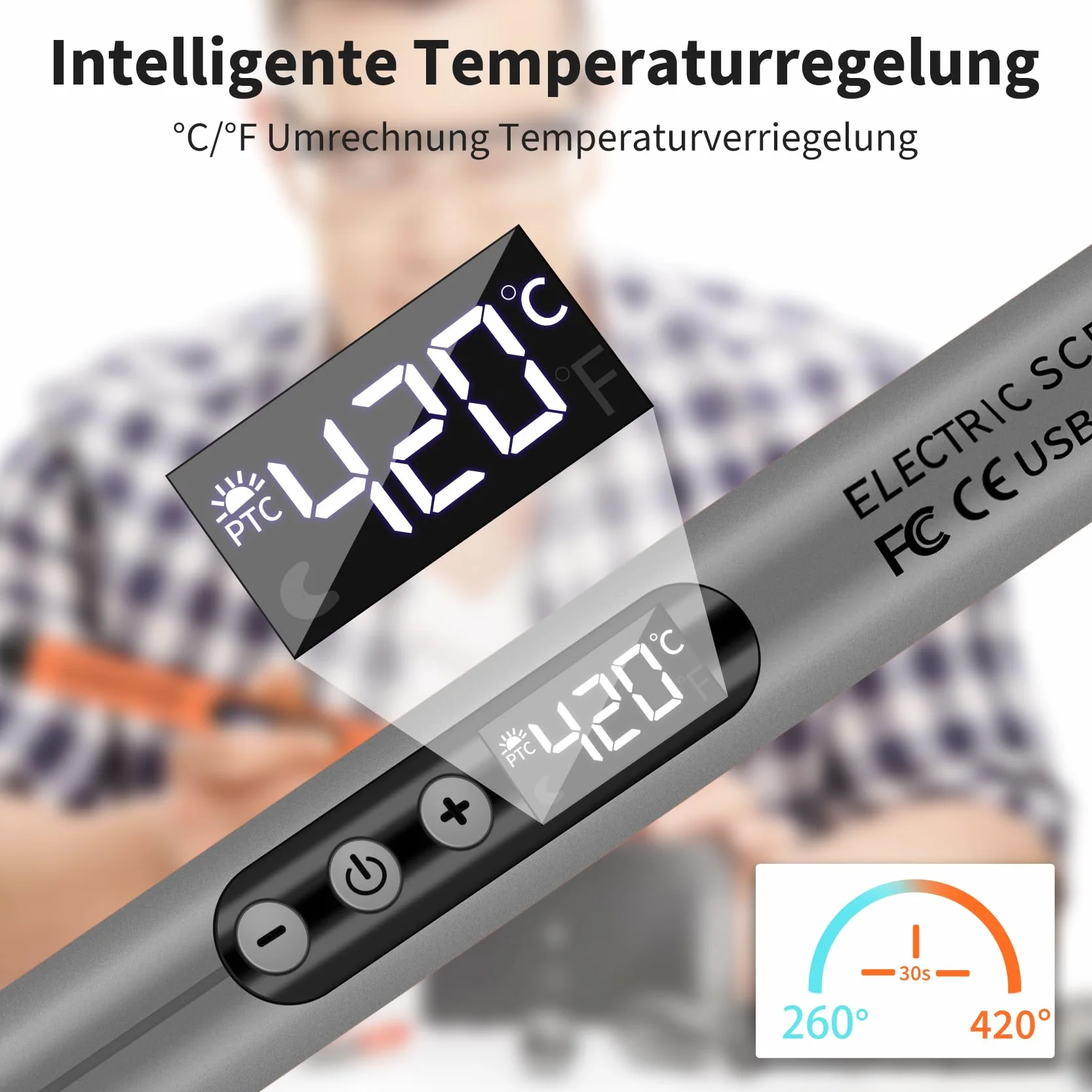 Bezprzewodowy zestaw do lutowania z regulacją temperatury 330-450°C, USB, LCD, 3 groty