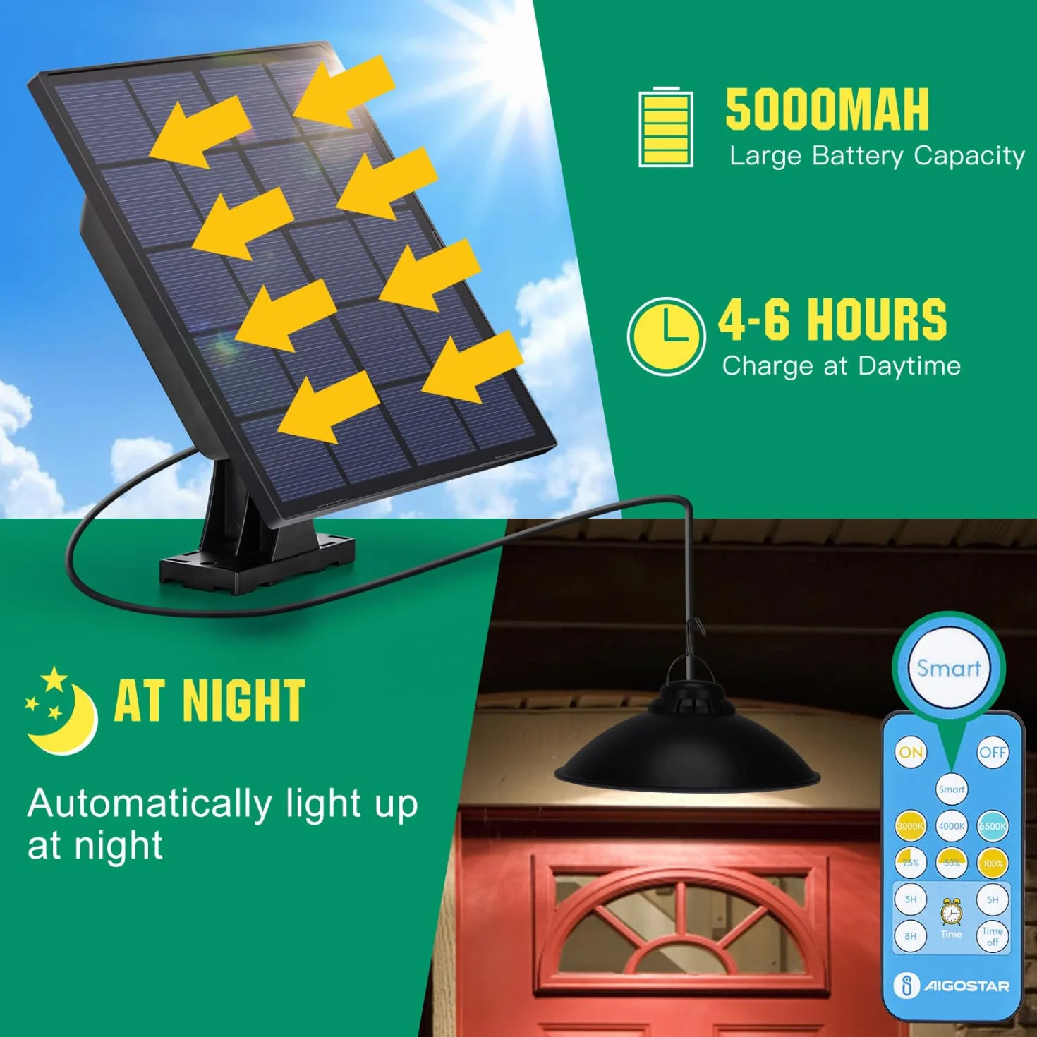 Aigostar Lampa Wisząca na Energię Słoneczną， Lampa Solarna na Zewnątrz z Pilotem, Timerem， Duża Pojemność Baterii i IP65 Wodoodporna, Kablem 3M